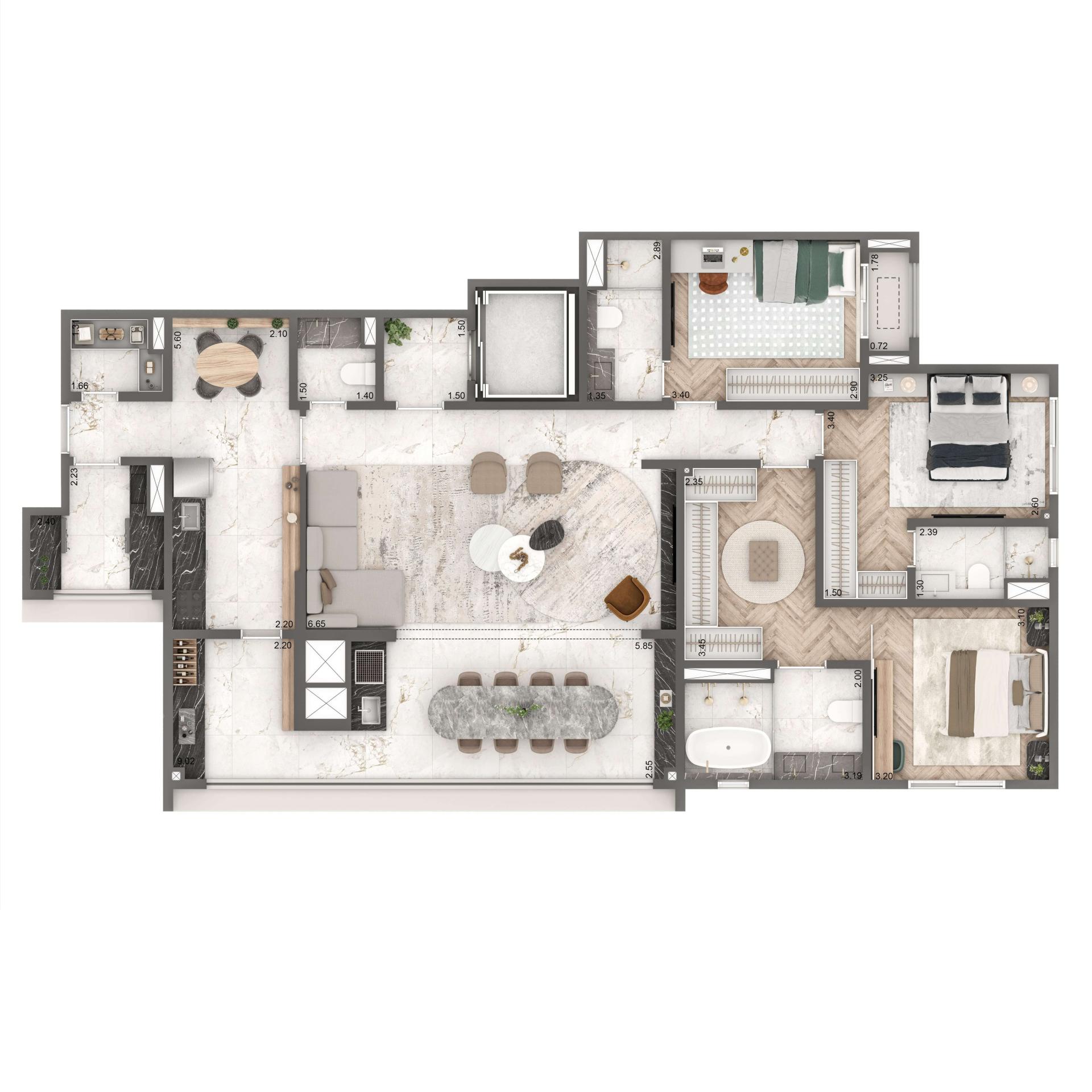 Planta Opção 149m² | 3 suítes | Cozinha Fechada e Despensa