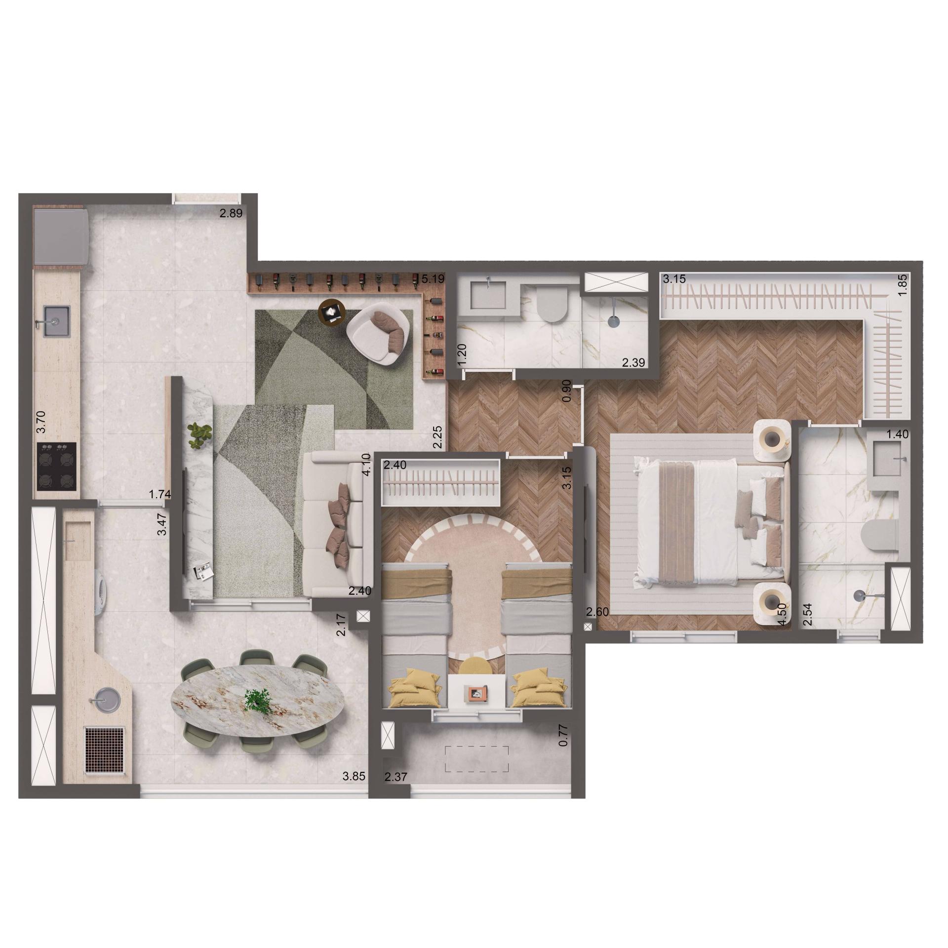 Planta 69m² | 2 dorms. | 1 suíte