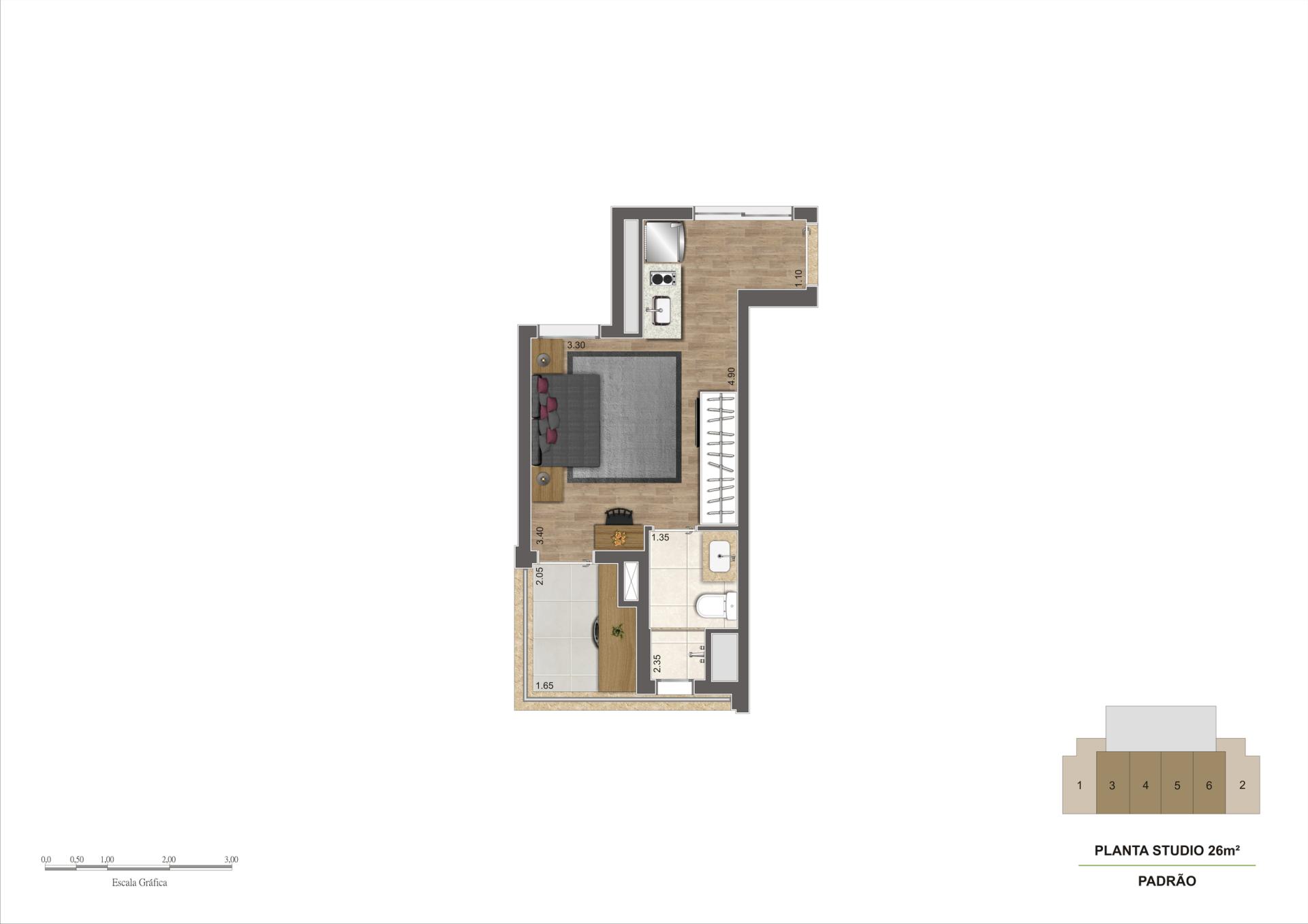 Planta-tipo 26 m² | Studio