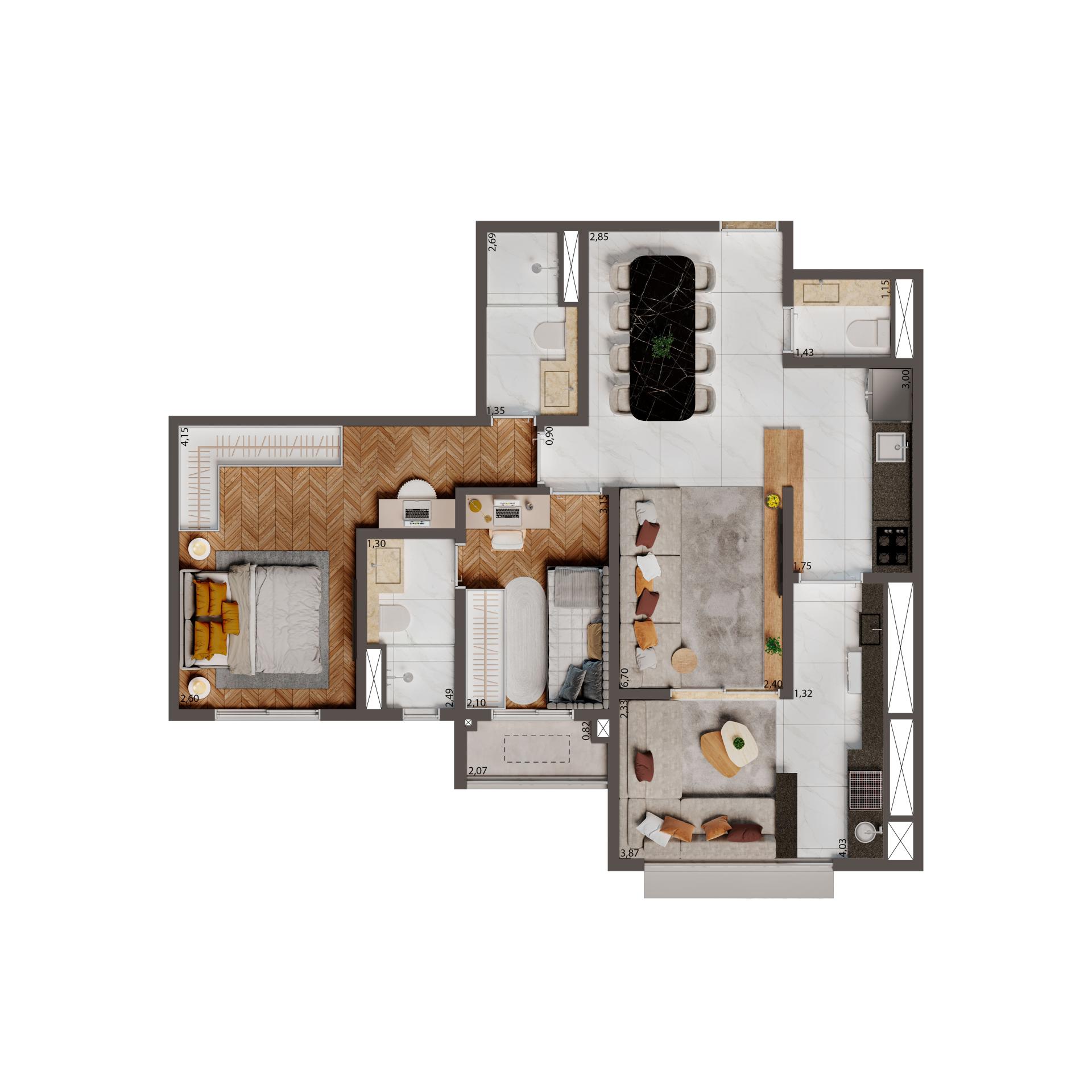 Planta Opção 1 75M² | 2 suítes 