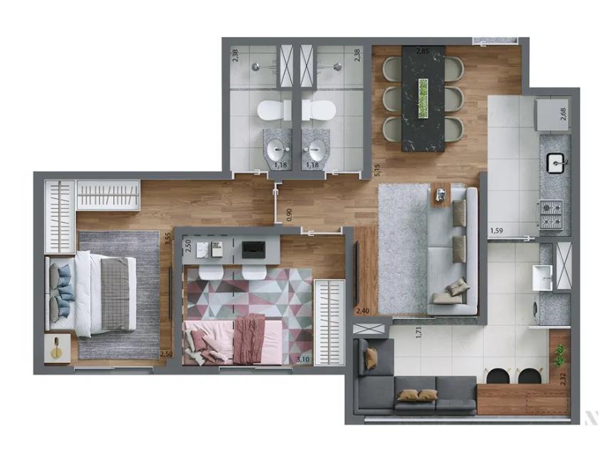 Planta Tipo 59 m² | 2 dorms. | 1 suíte