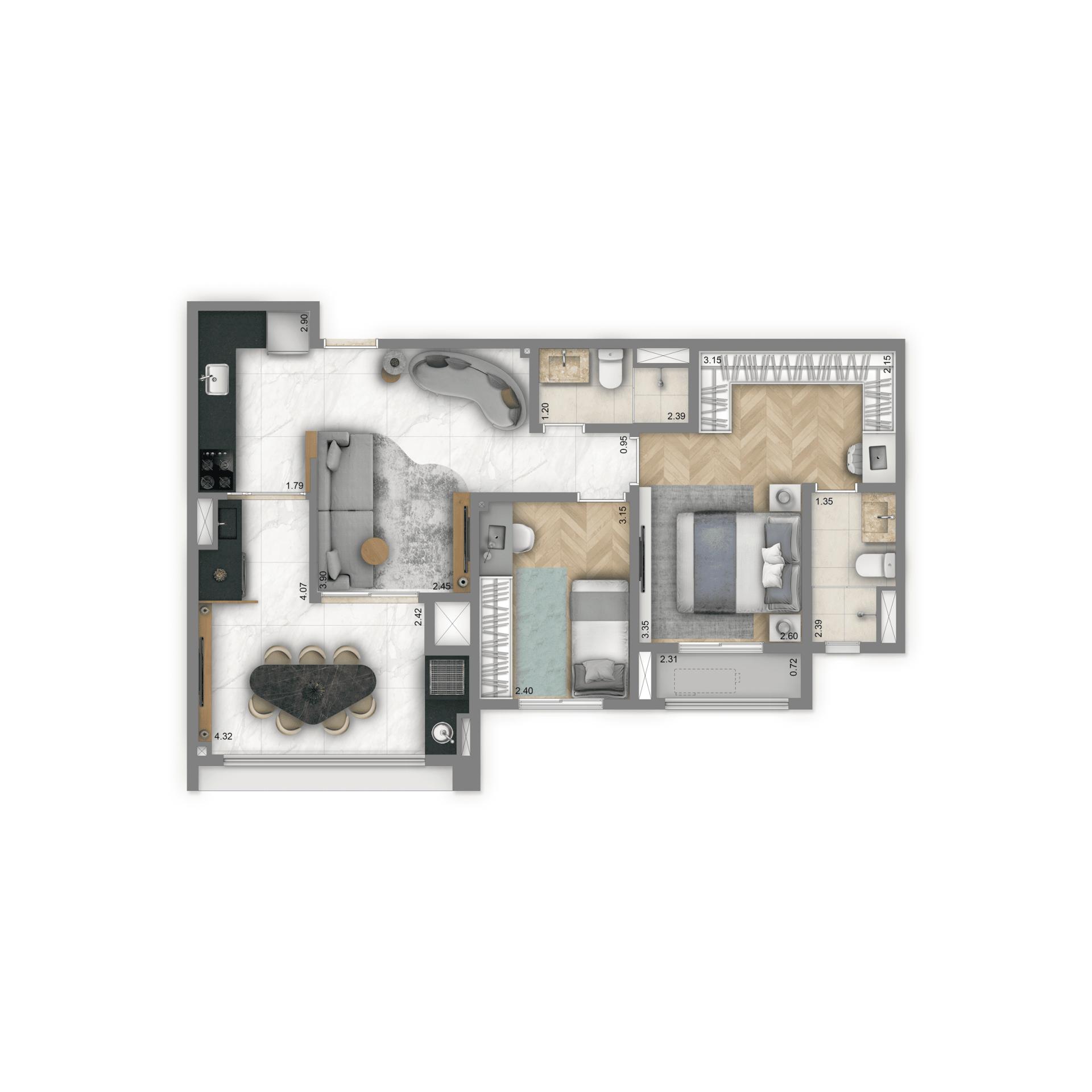 Planta Tipo 69 m² | 2 dorms. | 1 suíte