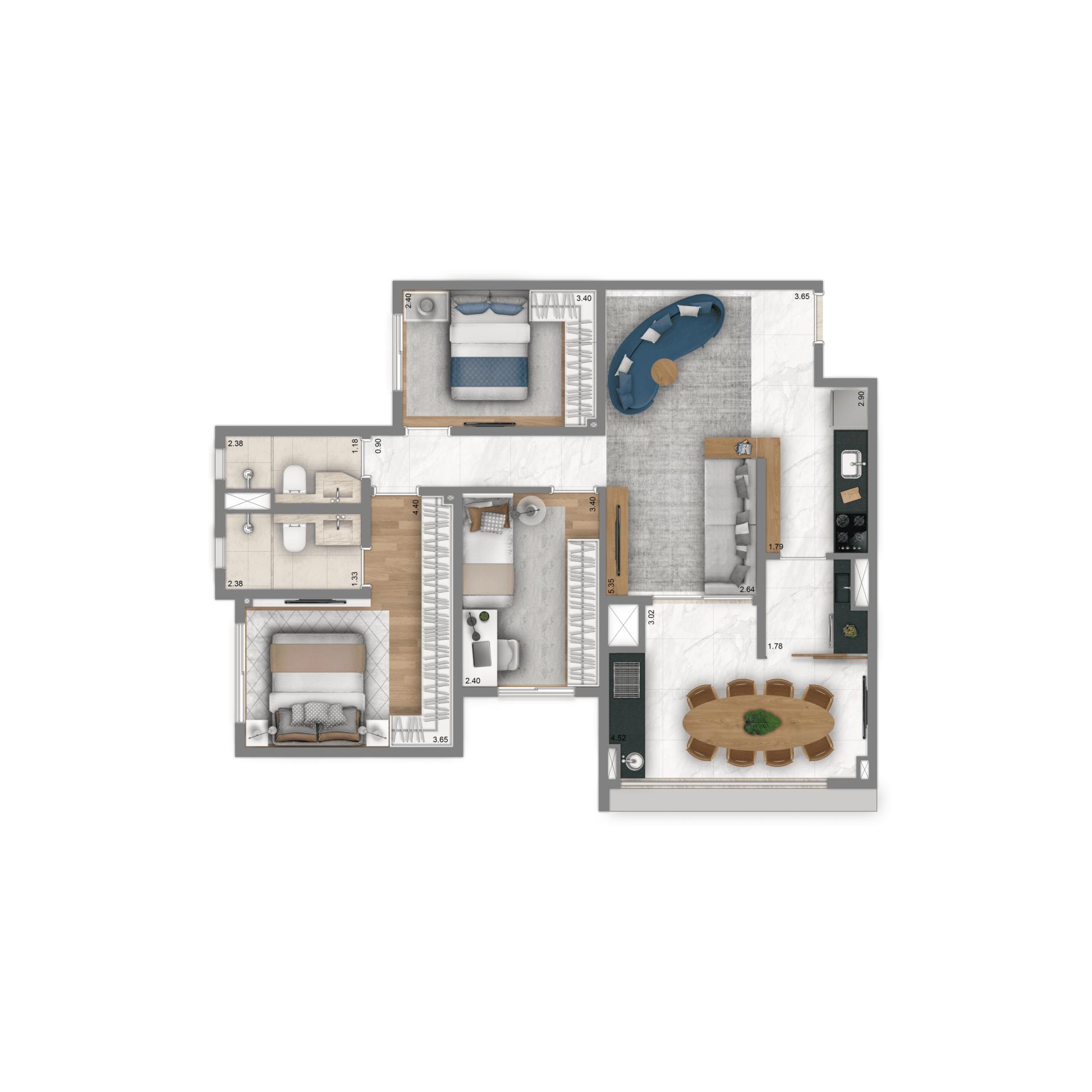 Planta Opção 83 m² | 3 dorms. | 1 suíte