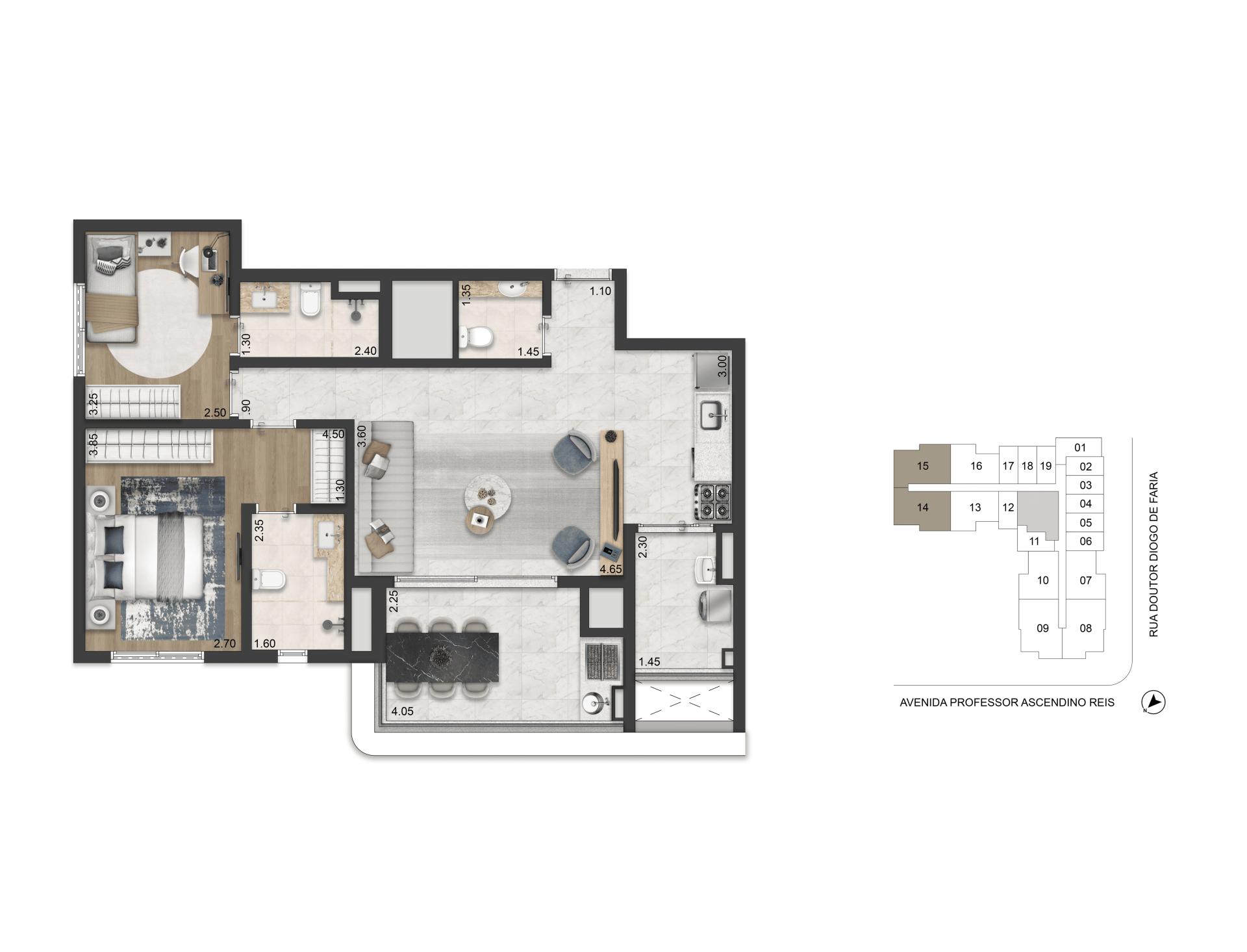 Torre 3 | Final 14 | Planta Opção 81m² | 2 suítes