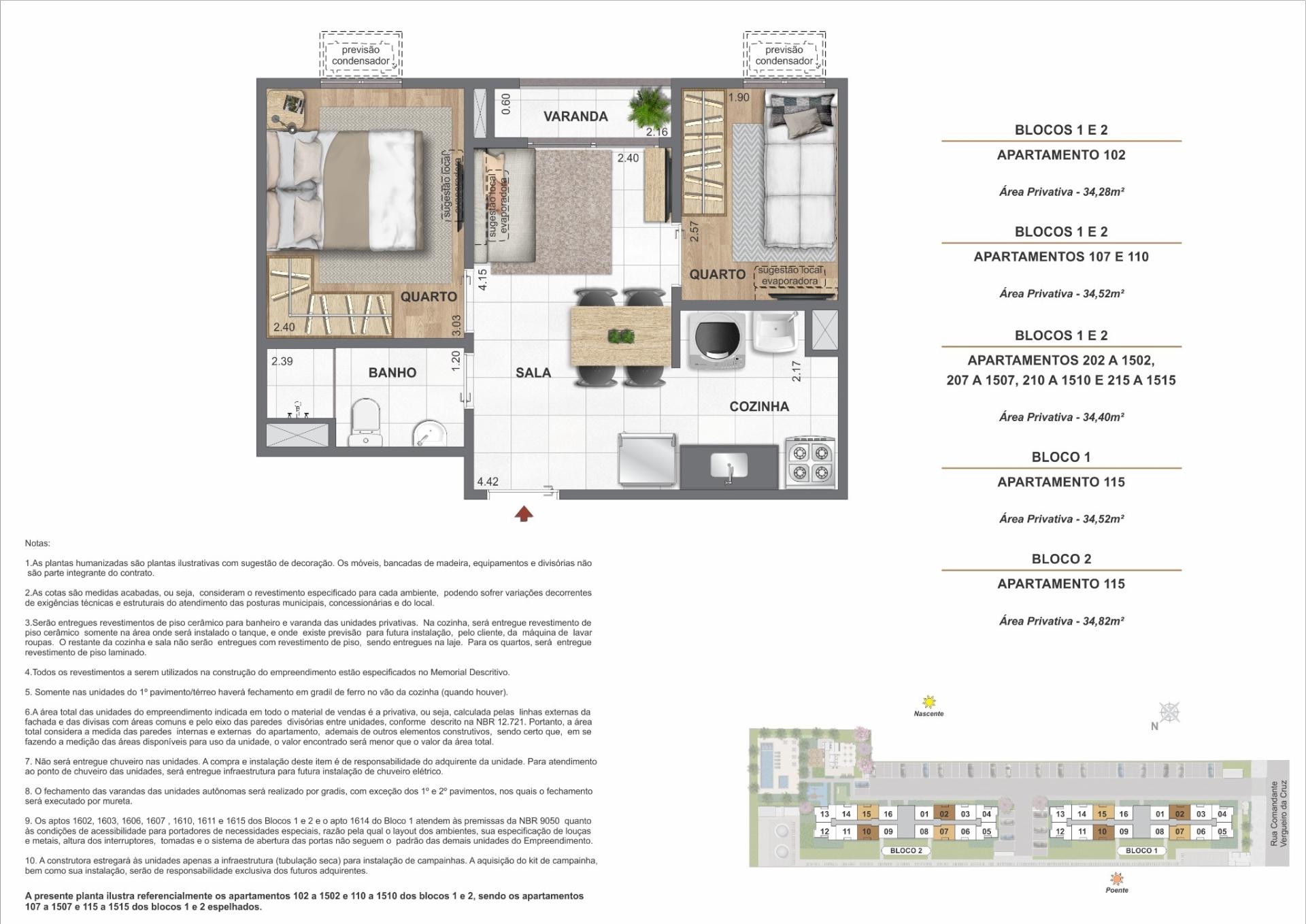 Área privativa   34,28 a 34,82m²