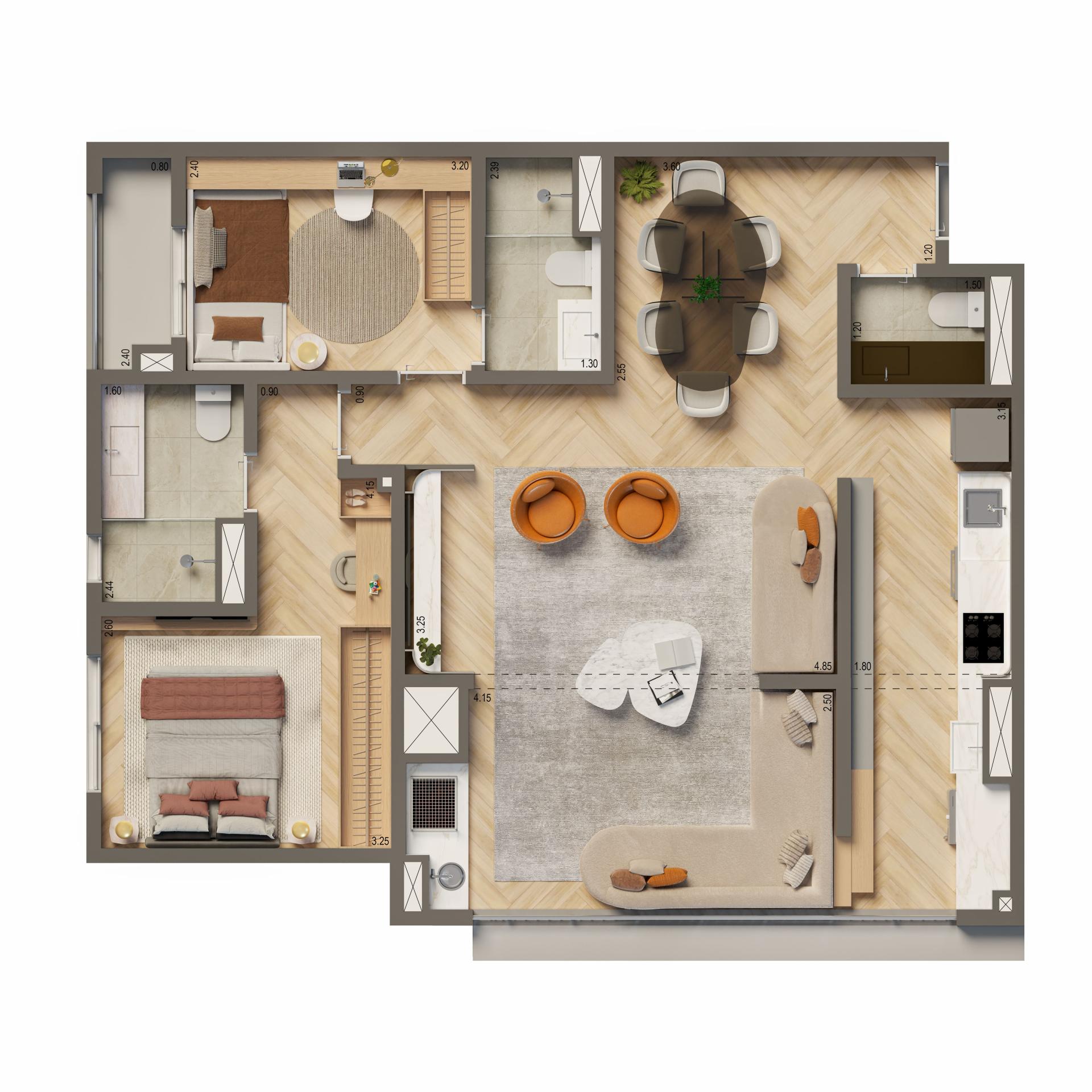 Planta Padrão 86m² | 2 suítes