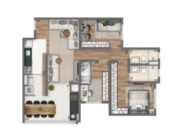 Planta Tipo 84m² | 3 Dorms. | 1 suíte