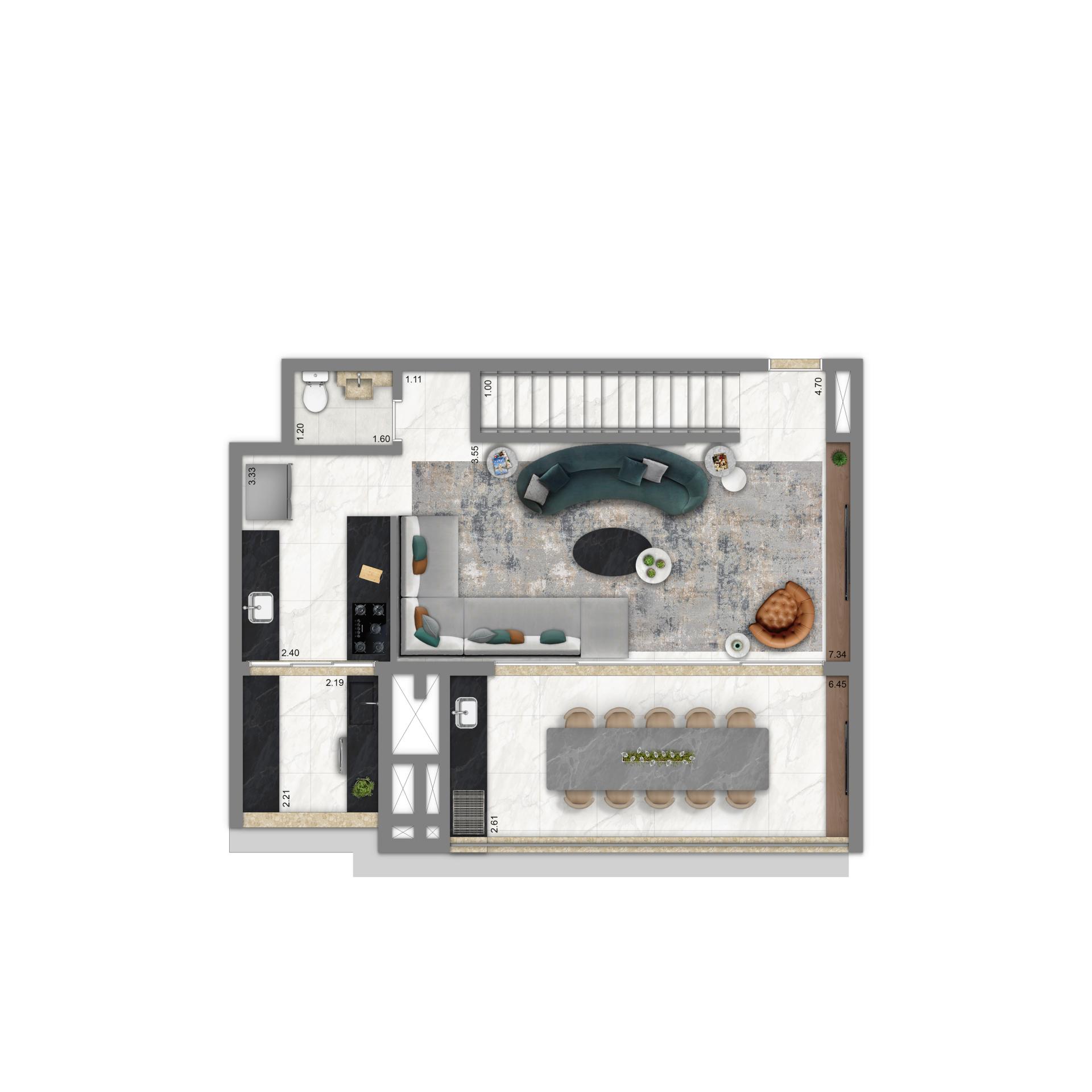 Planta Townhouse Inferior 157 m² | 3 dorms | 3 suítes