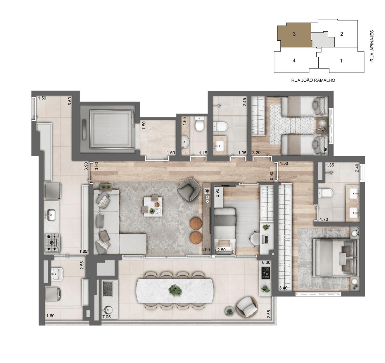 Planta Tipo 115 m² I 03 Dorms I 01 Suíte