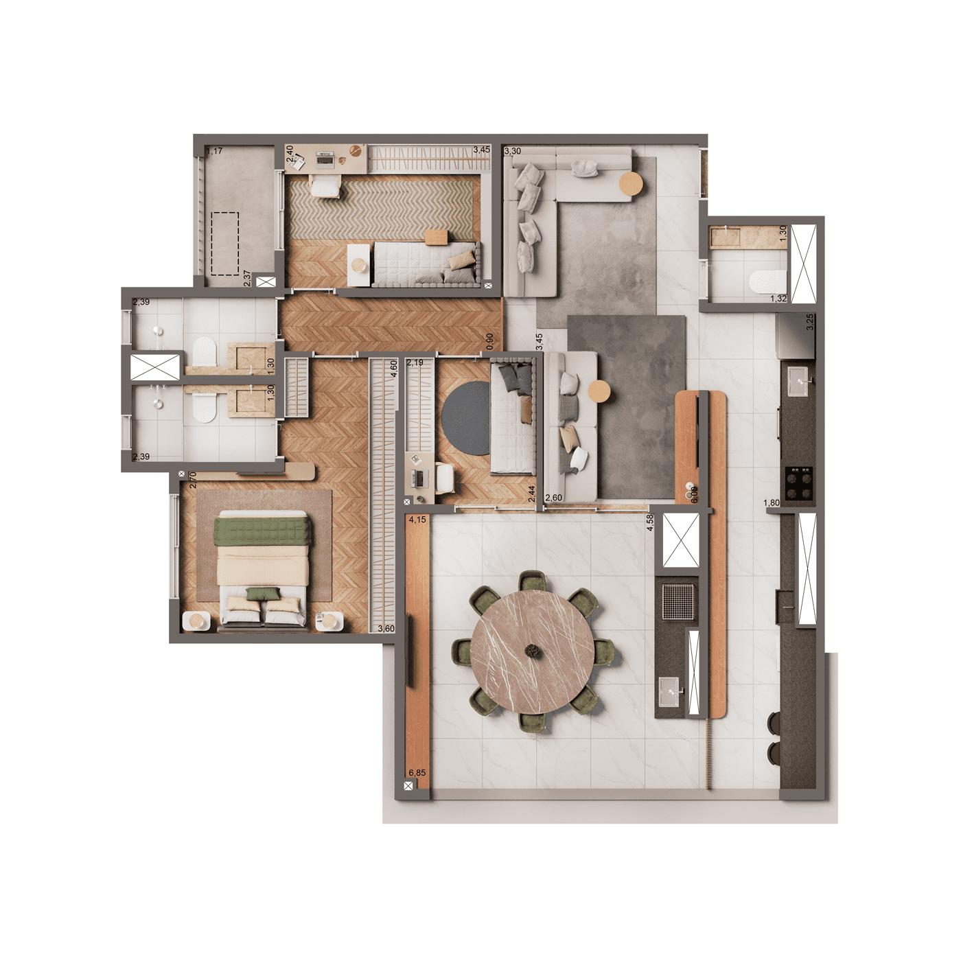 Planta Padrão de 106m² | 2 Dorms (1 Suíte)
