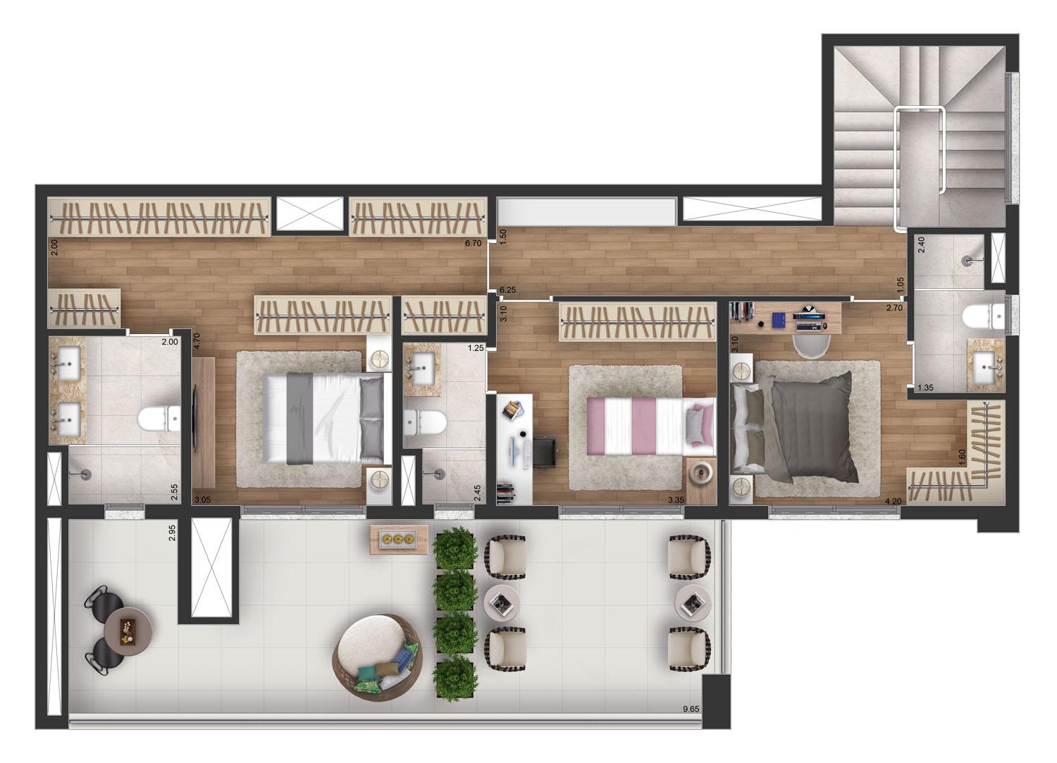 Planta Duplex Inferior 264 m² | 3 suítes - Torre Sky 