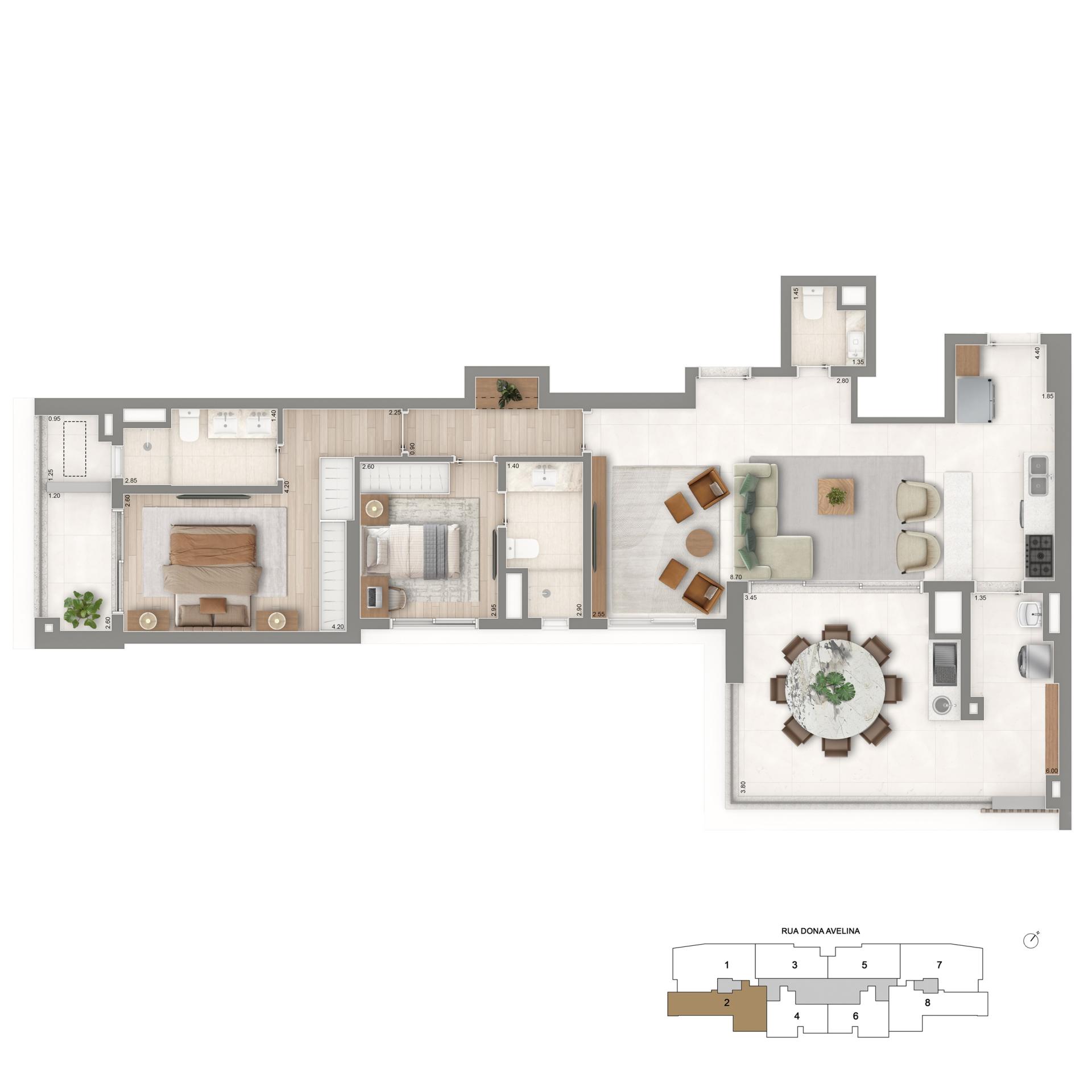Planta Opção 2 Suítes + Sala Ampliada | 112m²