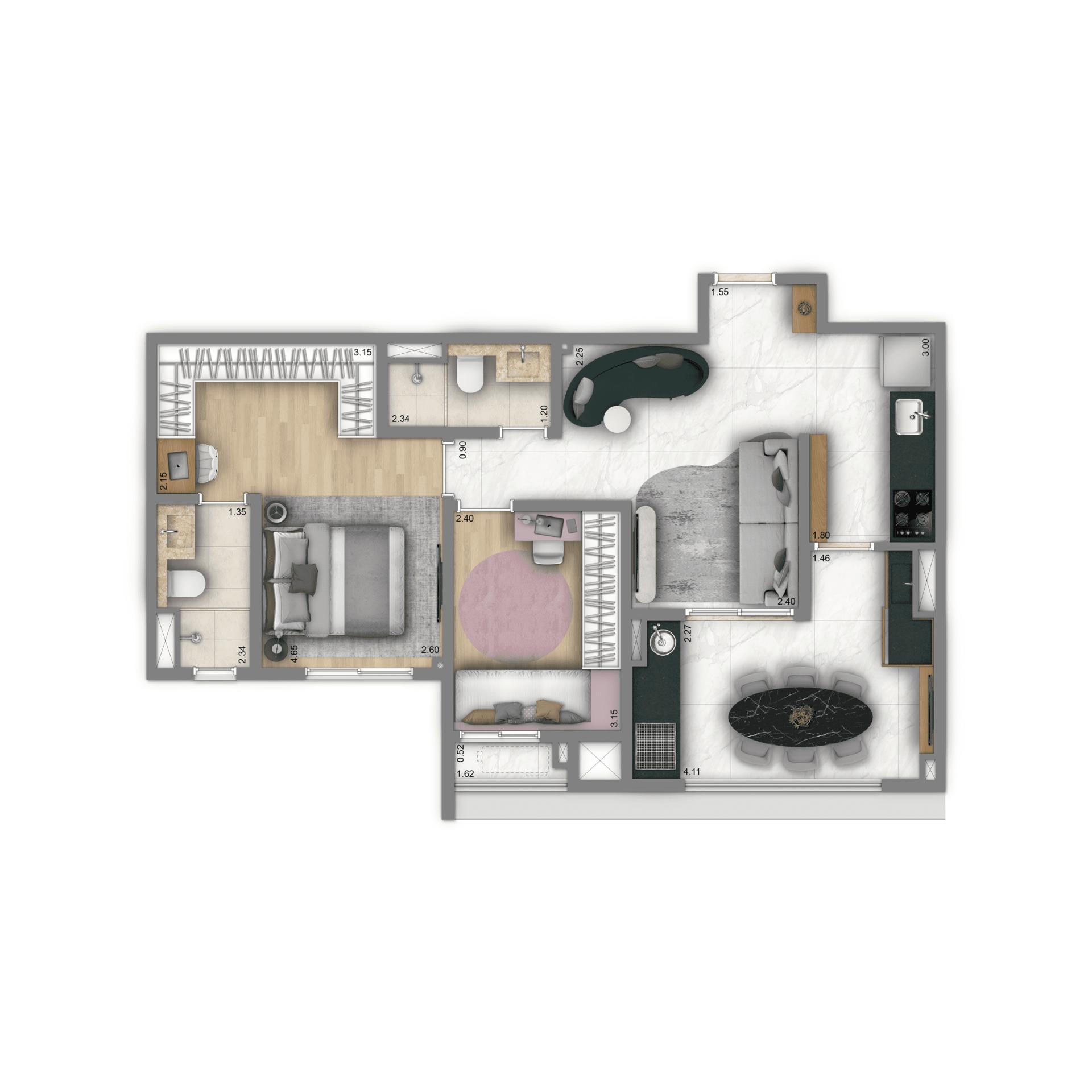Planta Tipo 68m² | 2 Dorms. | 1 suíte
