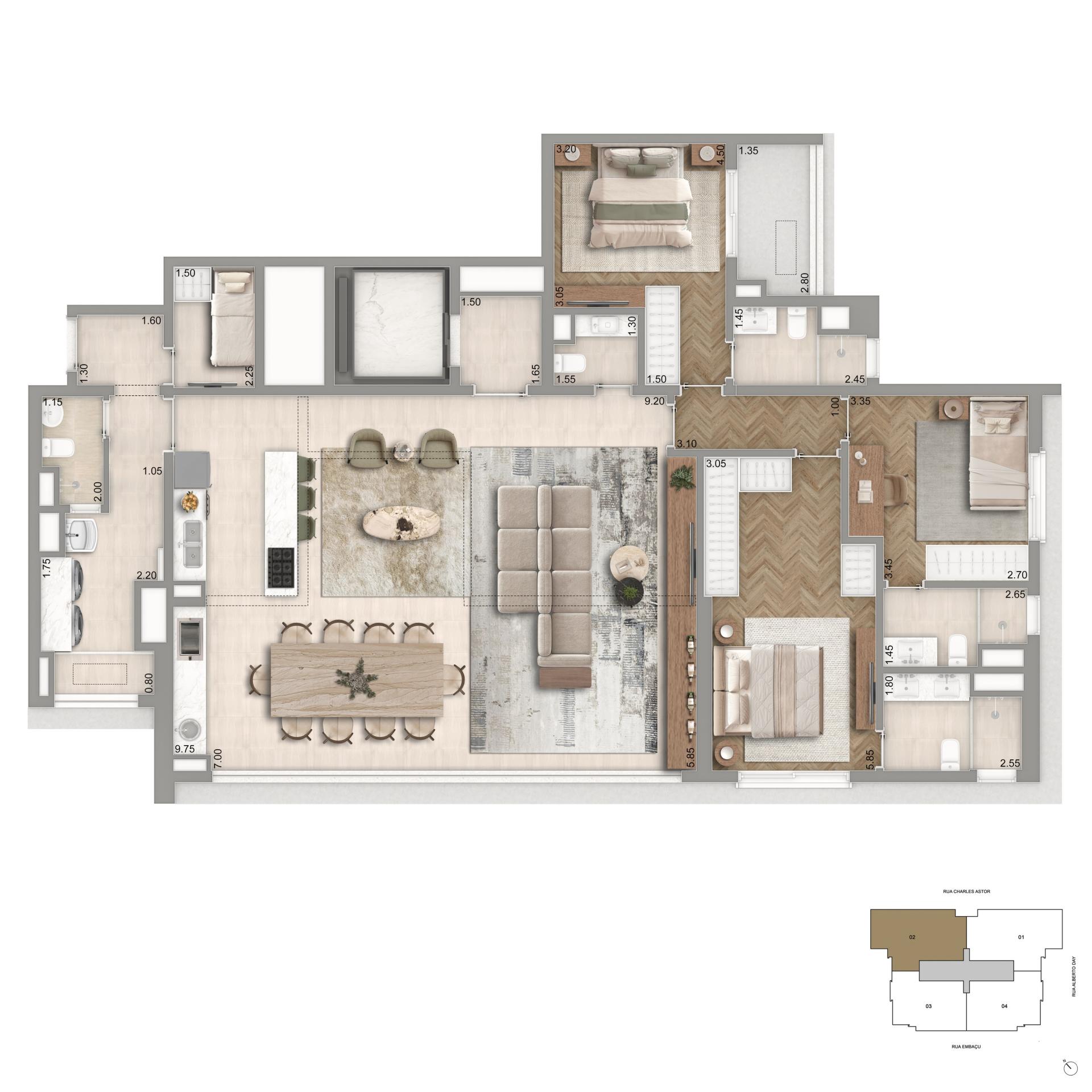 Planta Opção 03| 170m² | 3 Suítes | Cozinha + Sala Ampliada 