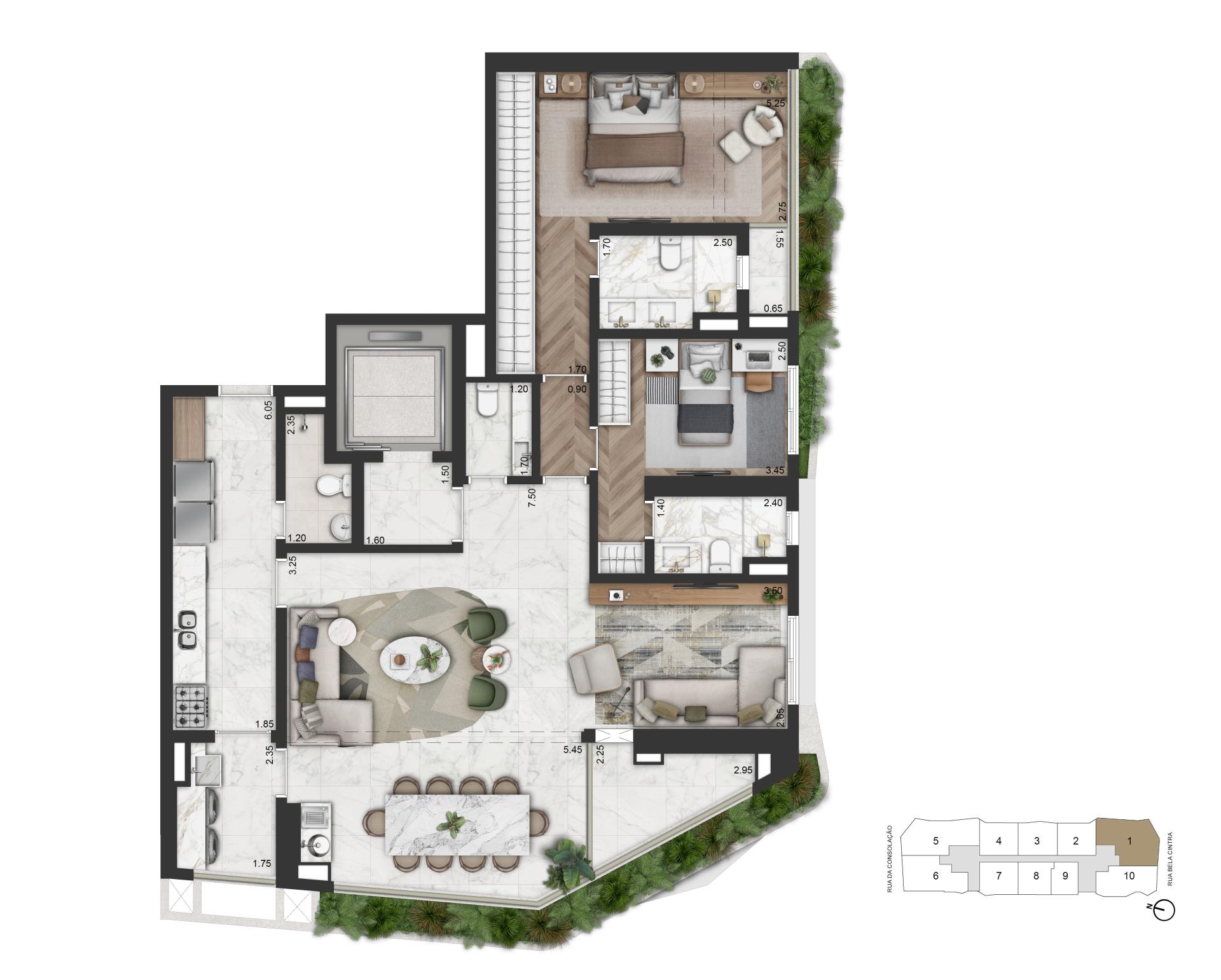 Planta Opção 147 m² | 2 Suítes + Sala Ampliada
