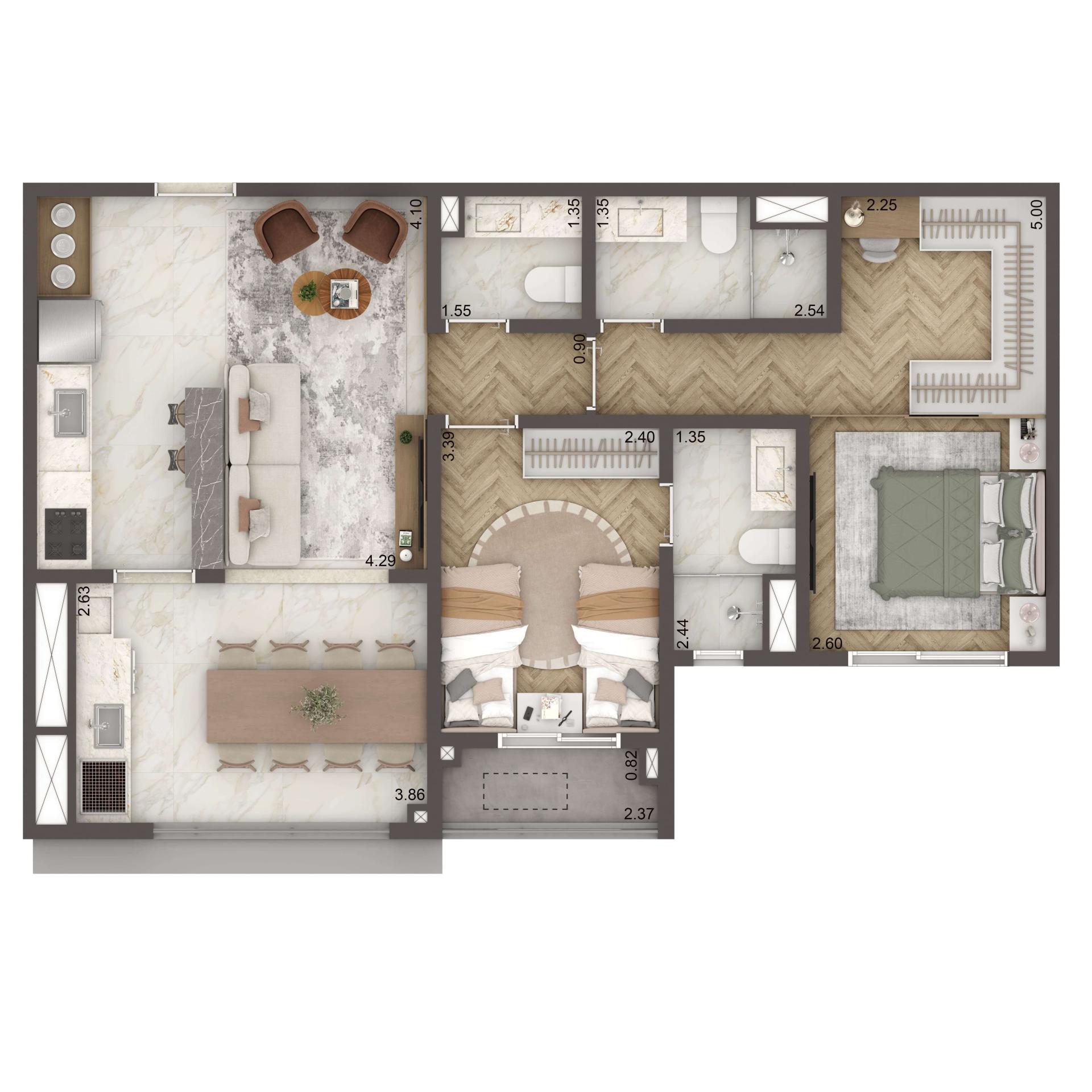 Planta Opção 71m² | 2 suítes