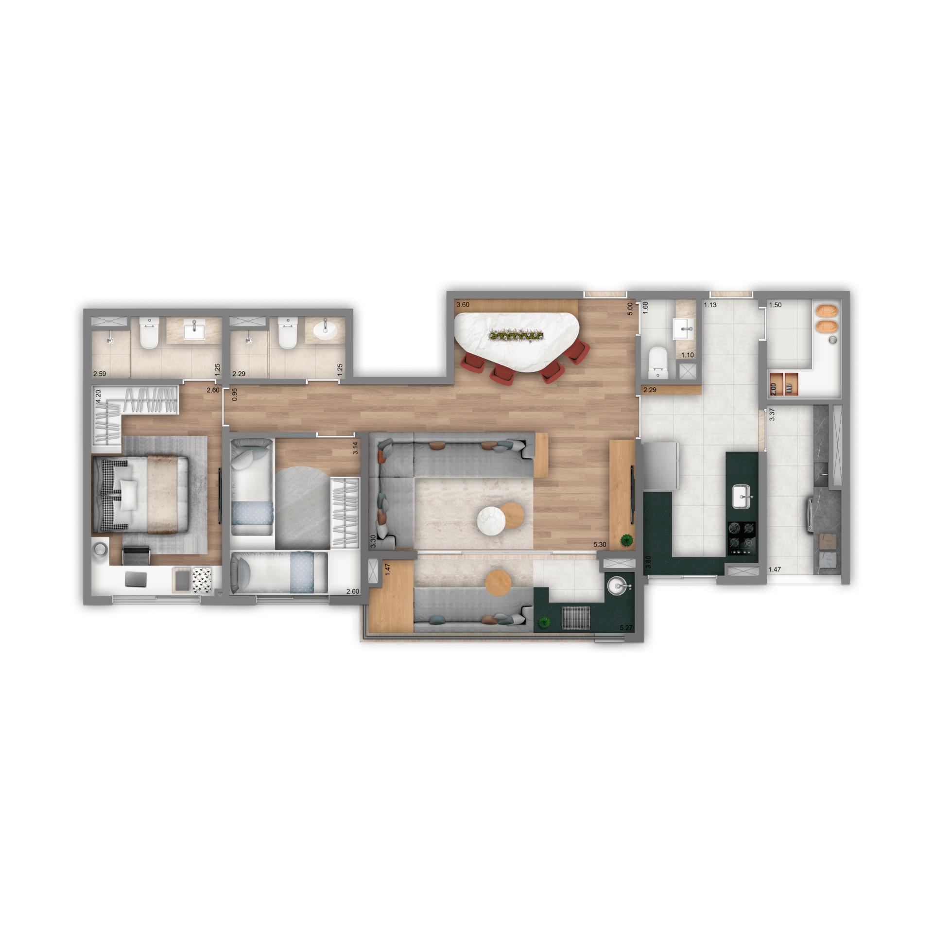 Planta Opção 90 m² | 2 dorms. | 1 suíte