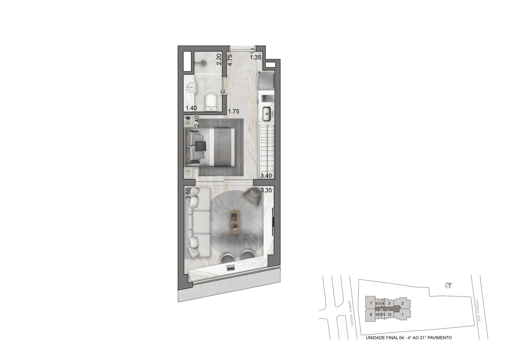 Planta-tipo 31 m² | Studio