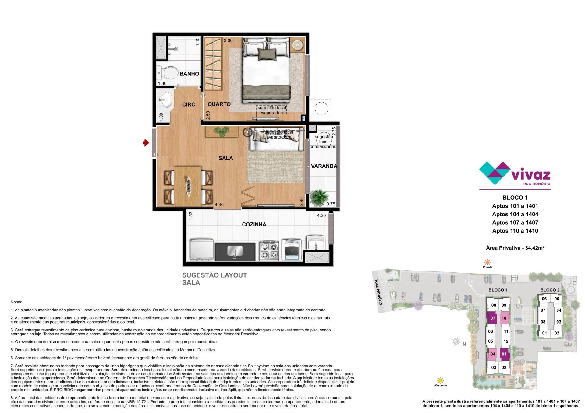 Vivaz Honório - Área Privativa 34,42 m² - Opção Sala