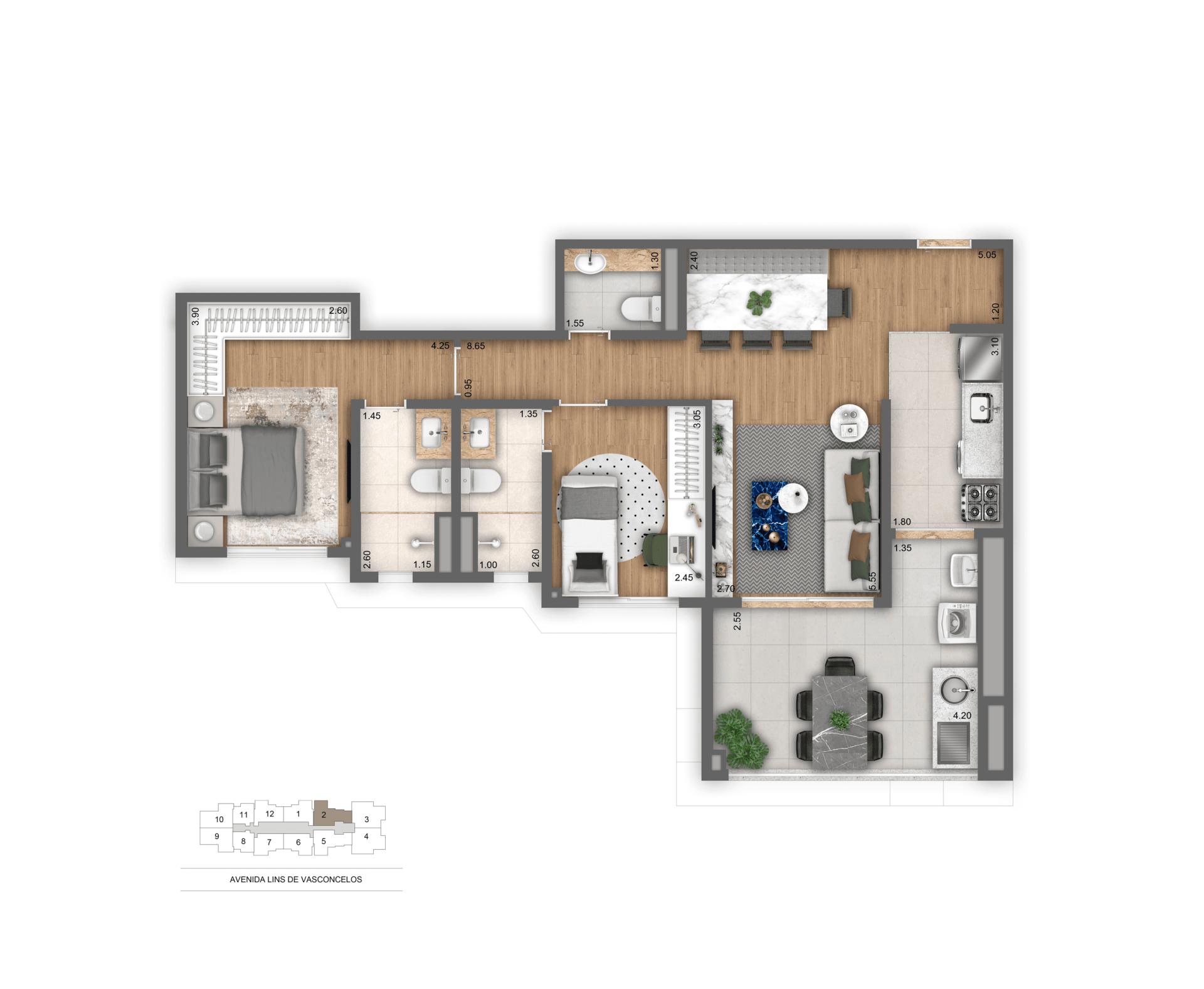 Planta-tipo 78 m² | 2 Suítes