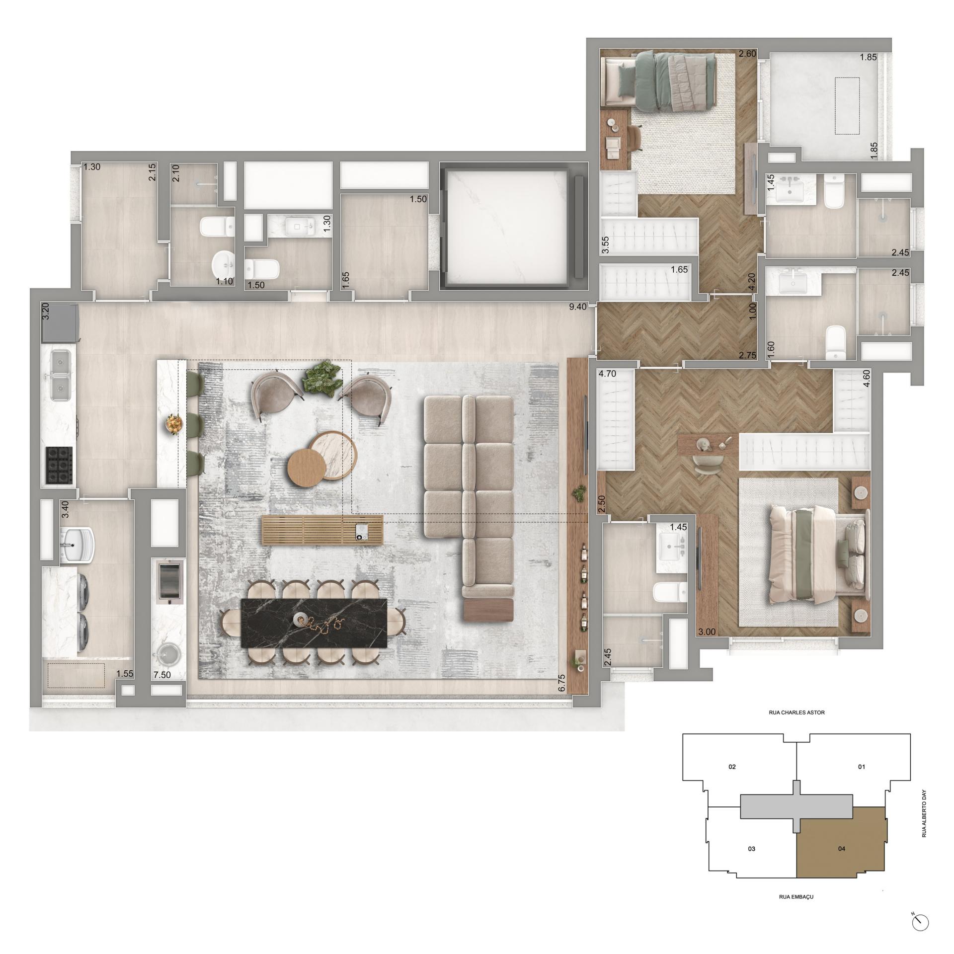 Planta Opção 02 | 136m² | 2 Suítes | Cozinha + Sala Ampliada 