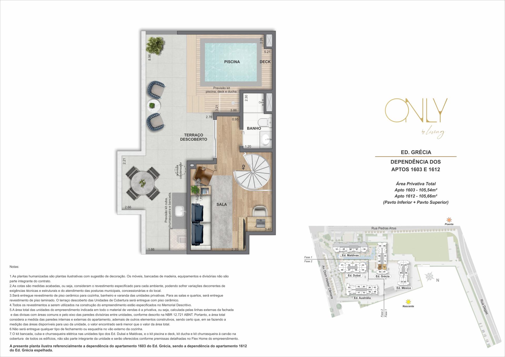 Cobertura Duplex 2 Quartos com Suíte - Pav. Superior - Área privativa total: 105,54m² até 105,66m²