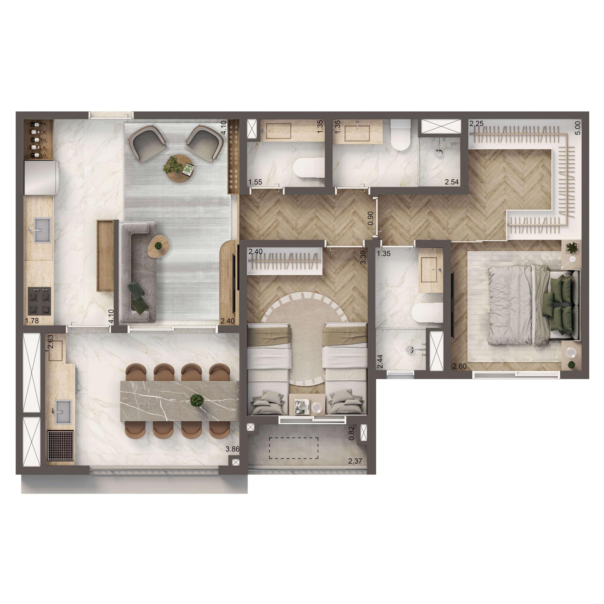 Planta Padrão 71m² | 2 dorms. | 1 suíte