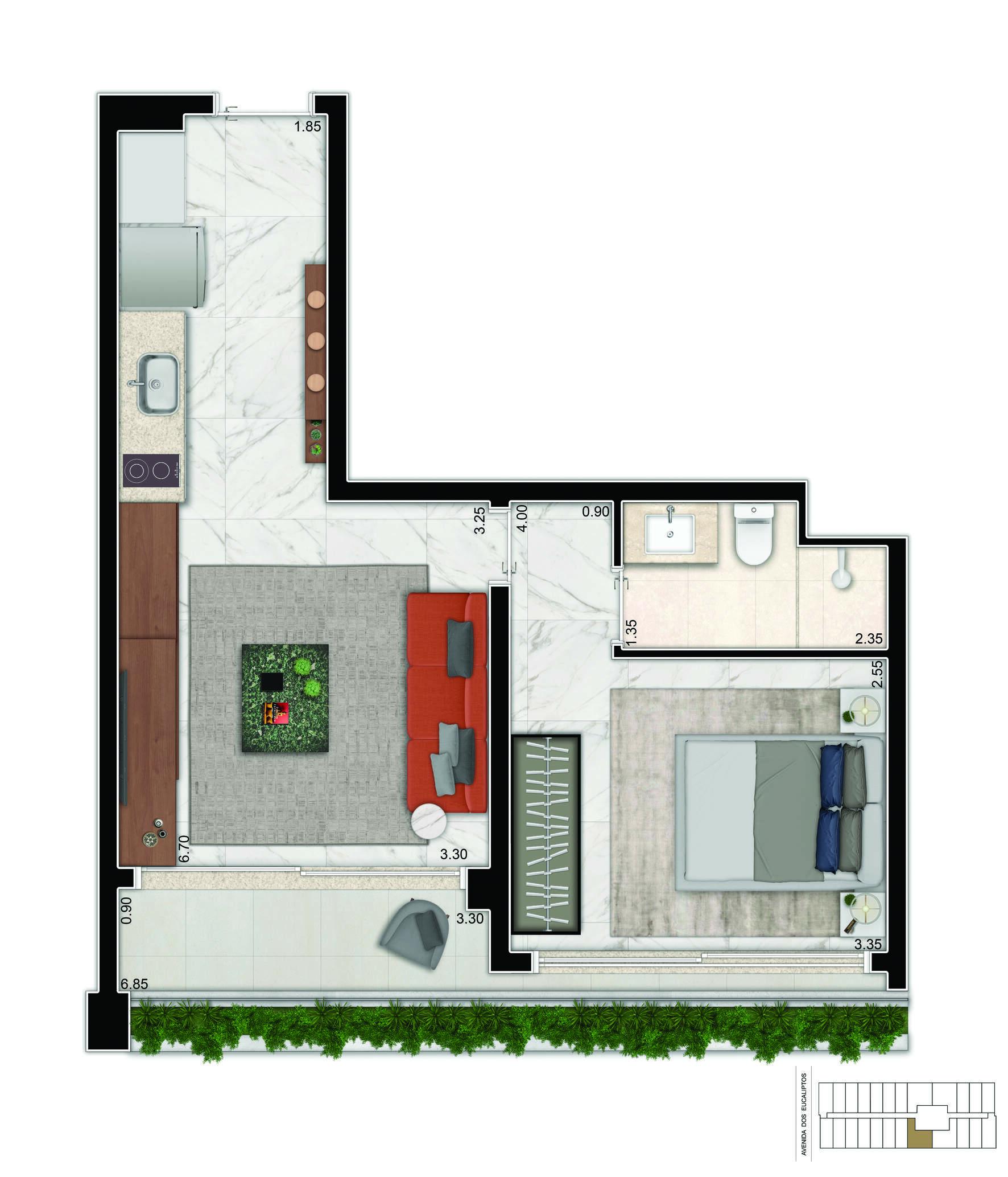 Planta-tipo 43 m² | 1 Dorm.