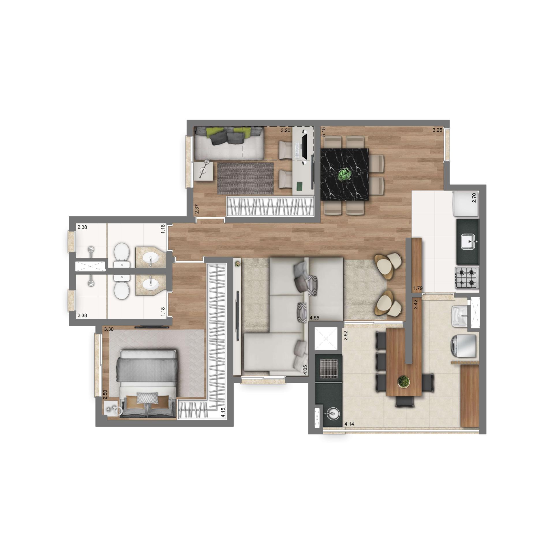 Planta Padrão 73m² | 2 dorms. | 1 suíte