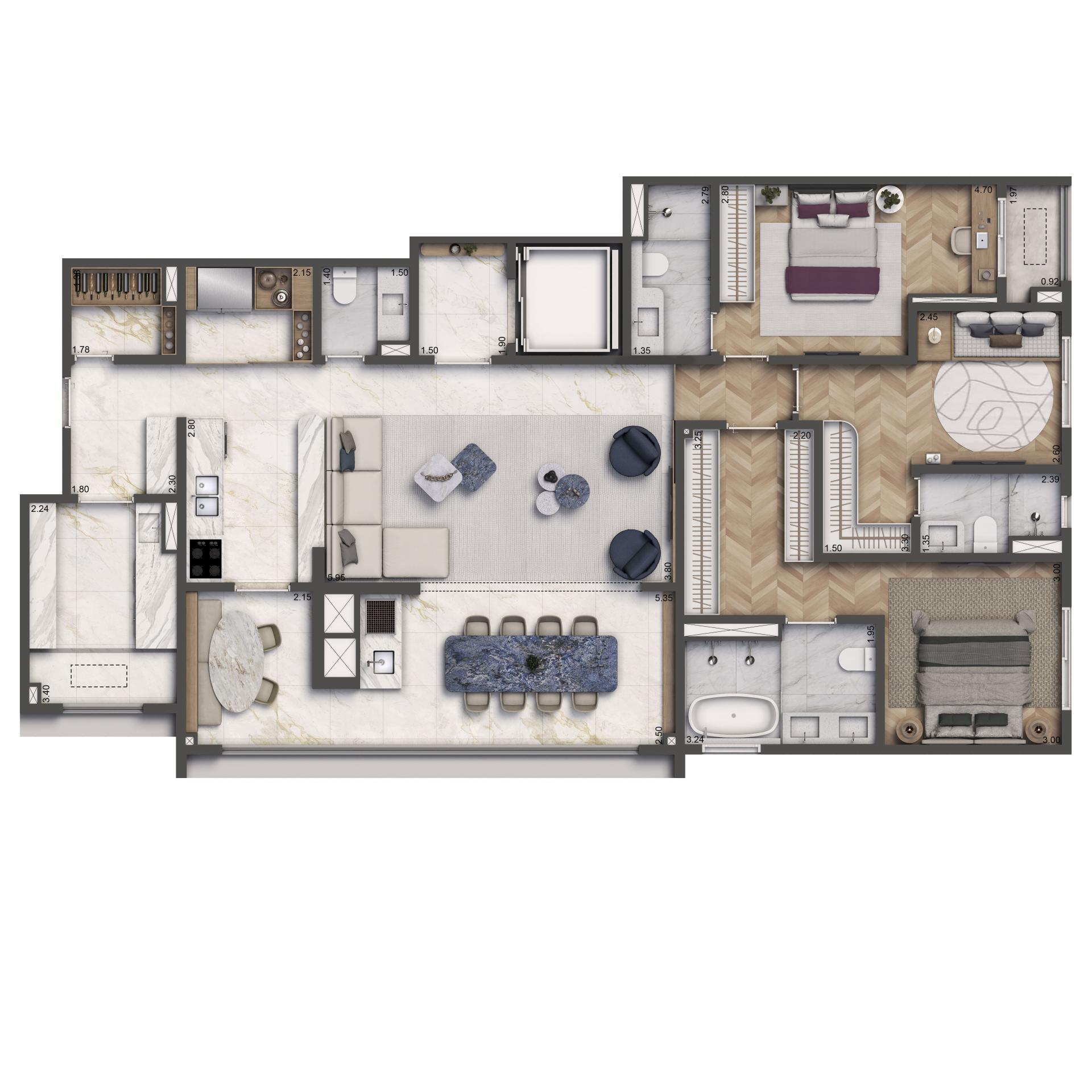 Planta Decorado 149m² | 4 dorms. | Cozinha Fechada e Despensa