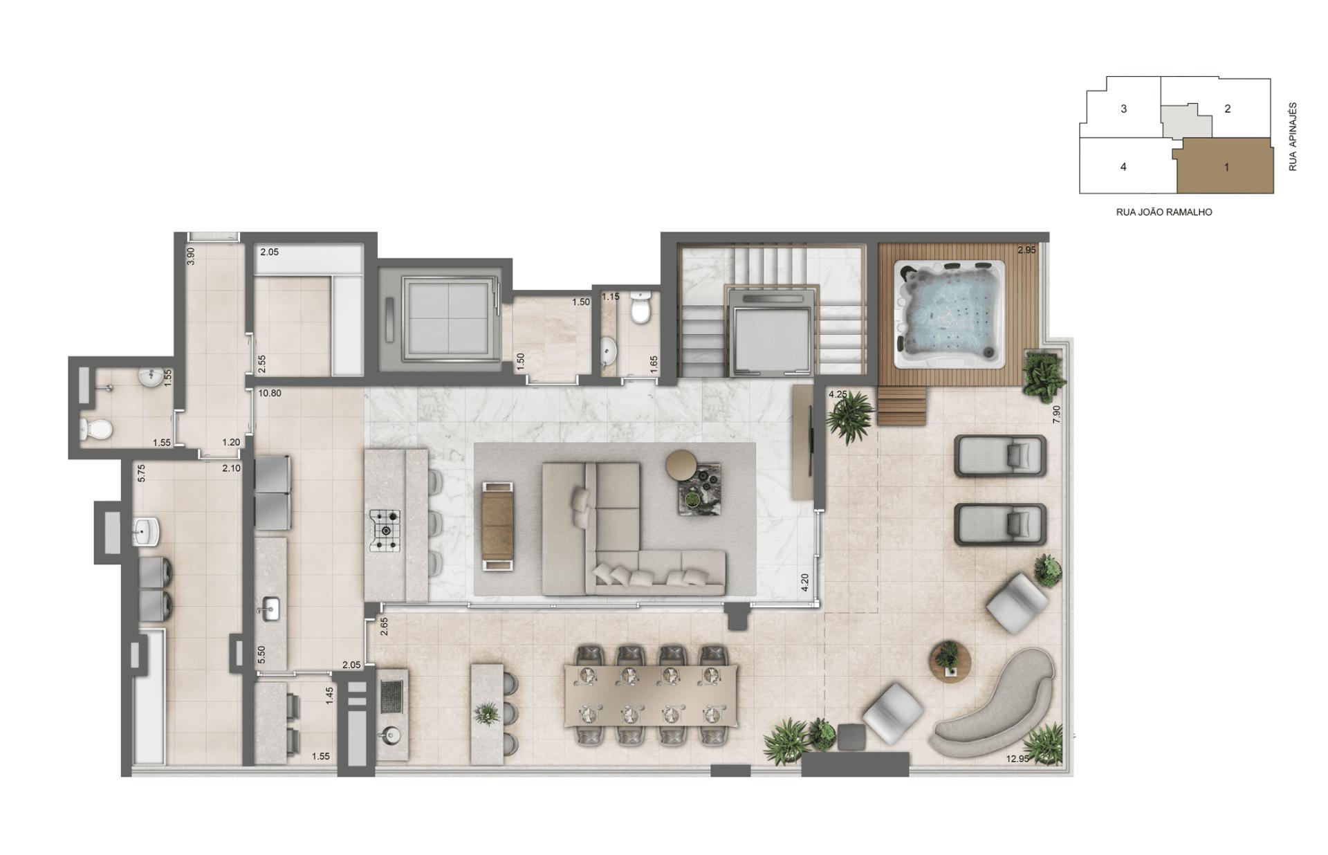Planta Duplex 285,50 m² I 04 Suítes I Pavimento Inferior