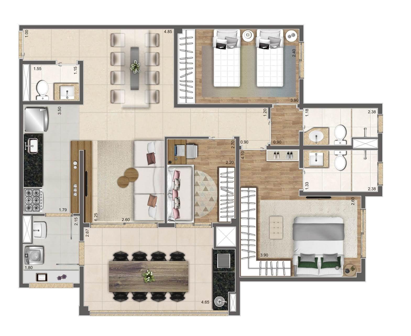 Planta Tipo 93 m² | 3 dorms. | 2 suítes