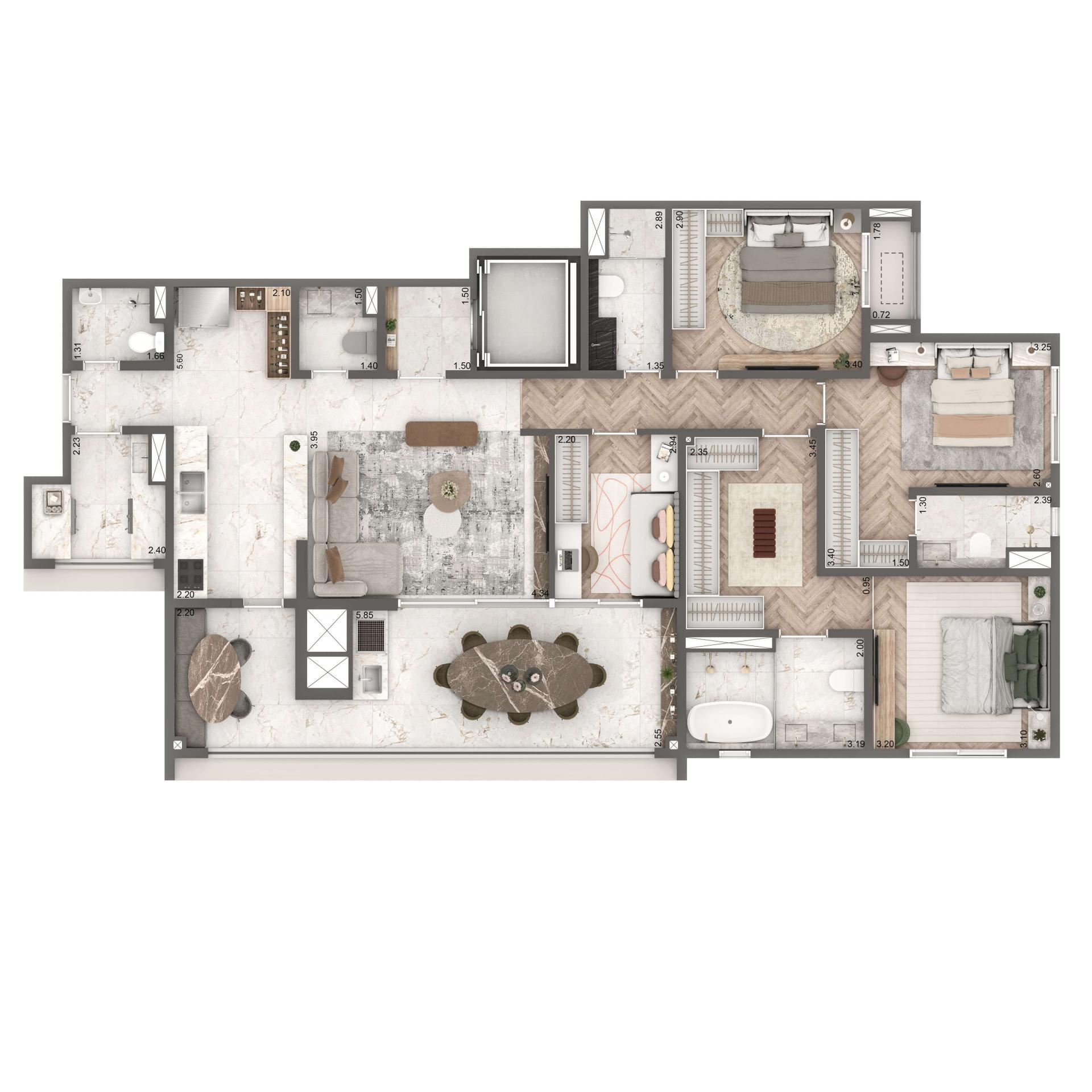 Planta Opção 149m² | 4 dormitórios | Cozinha Integrada e WC de Serviço