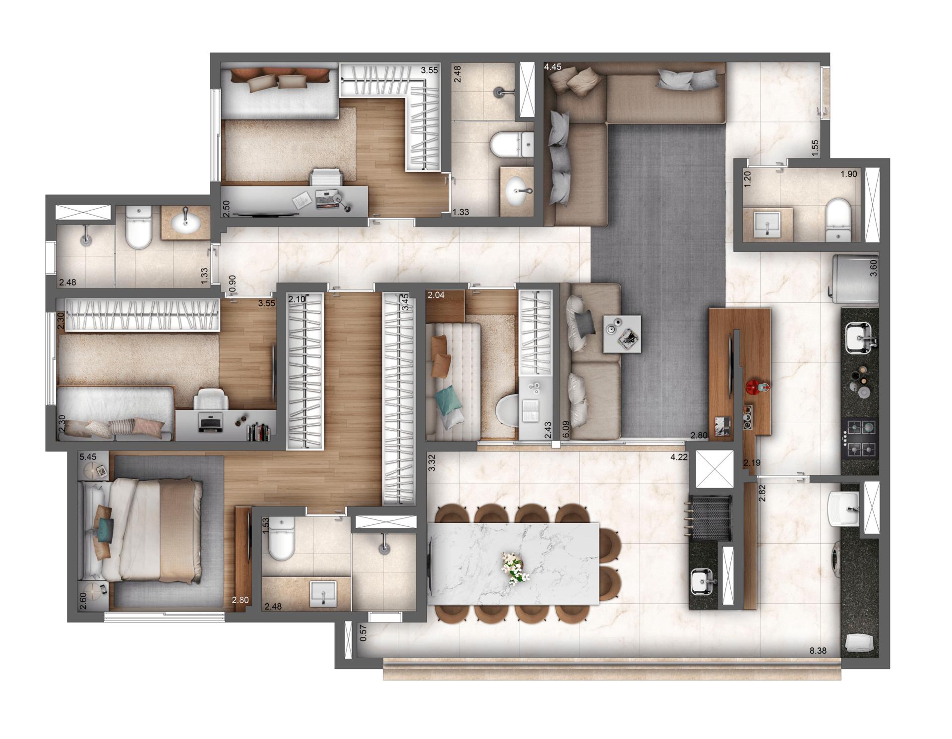 Planta Padrão 119 m² | 4 dorms | 2 suítes
