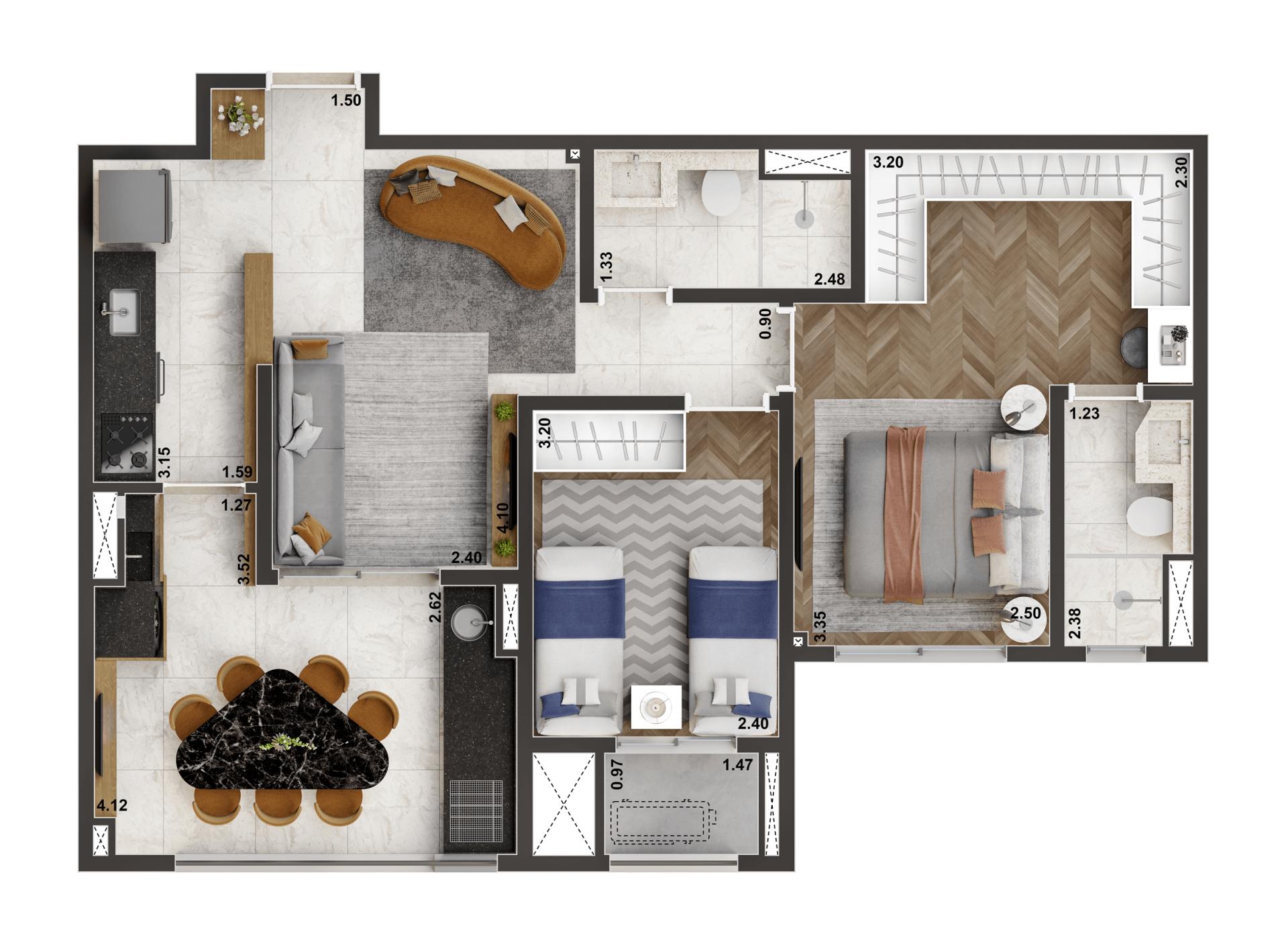 Planta Padrão 70m² | 2 dorms. | 1 suíte