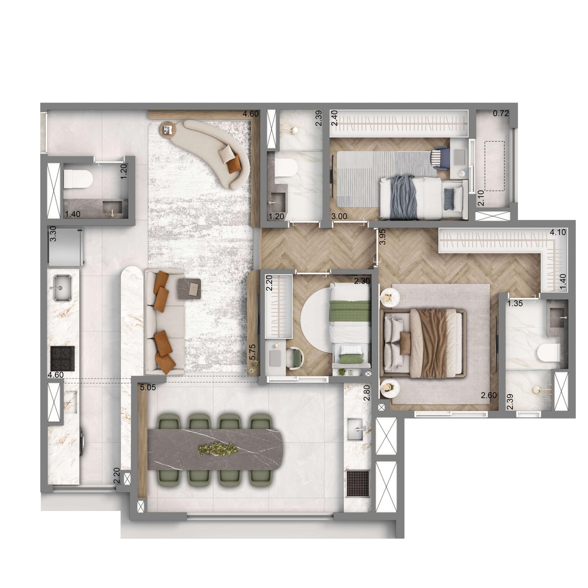 Planta Padrão 88m² | Finais 1A e 2A | 3 Dorms. | 1 vaga