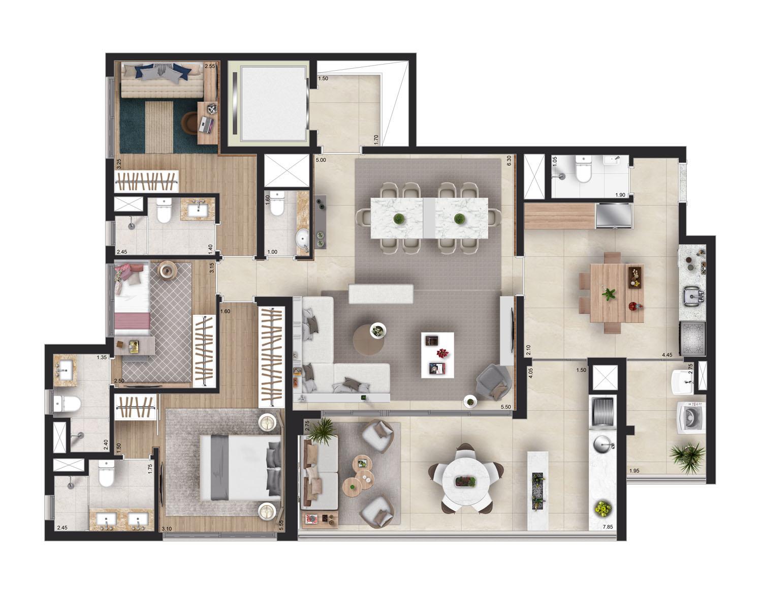 Planta opção 154 m² | 2 suítes - Torre Sky 