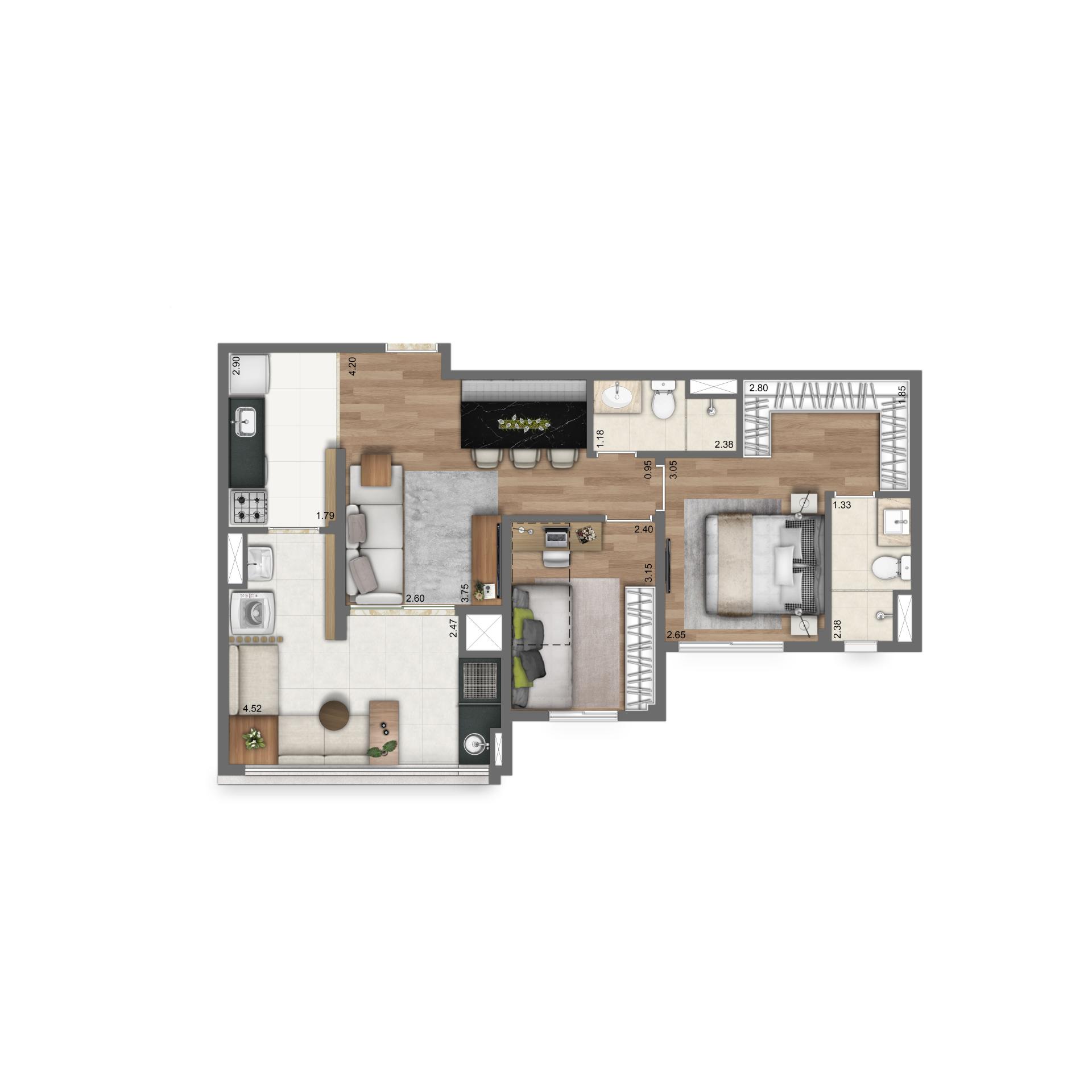 Planta Padrão 67m² | 2 dorms | 1 suíte