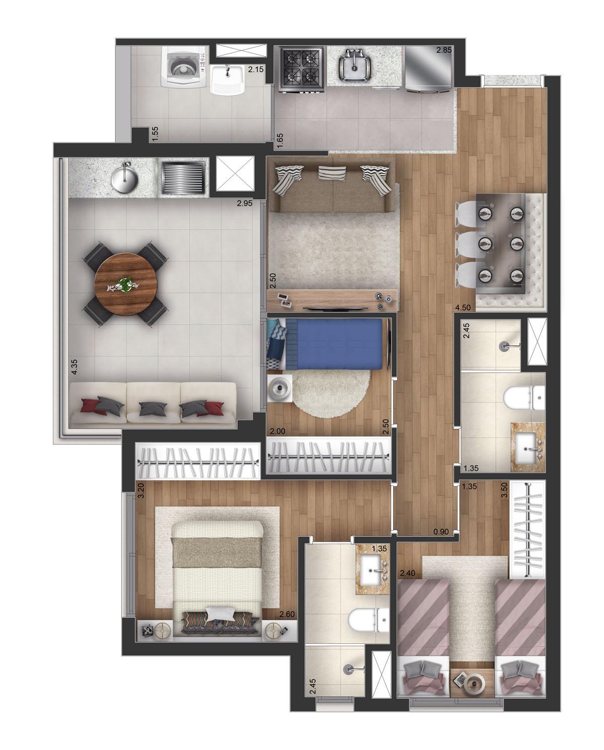 Planta-tipo 76 m² | 3 Dorms. (1 suíte) - Torre View
