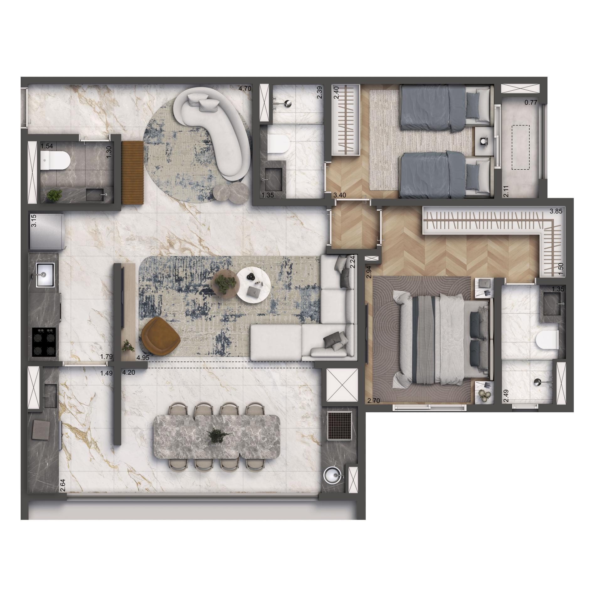 Planta Padrão 89m² | 2 suítes | 1 vaga