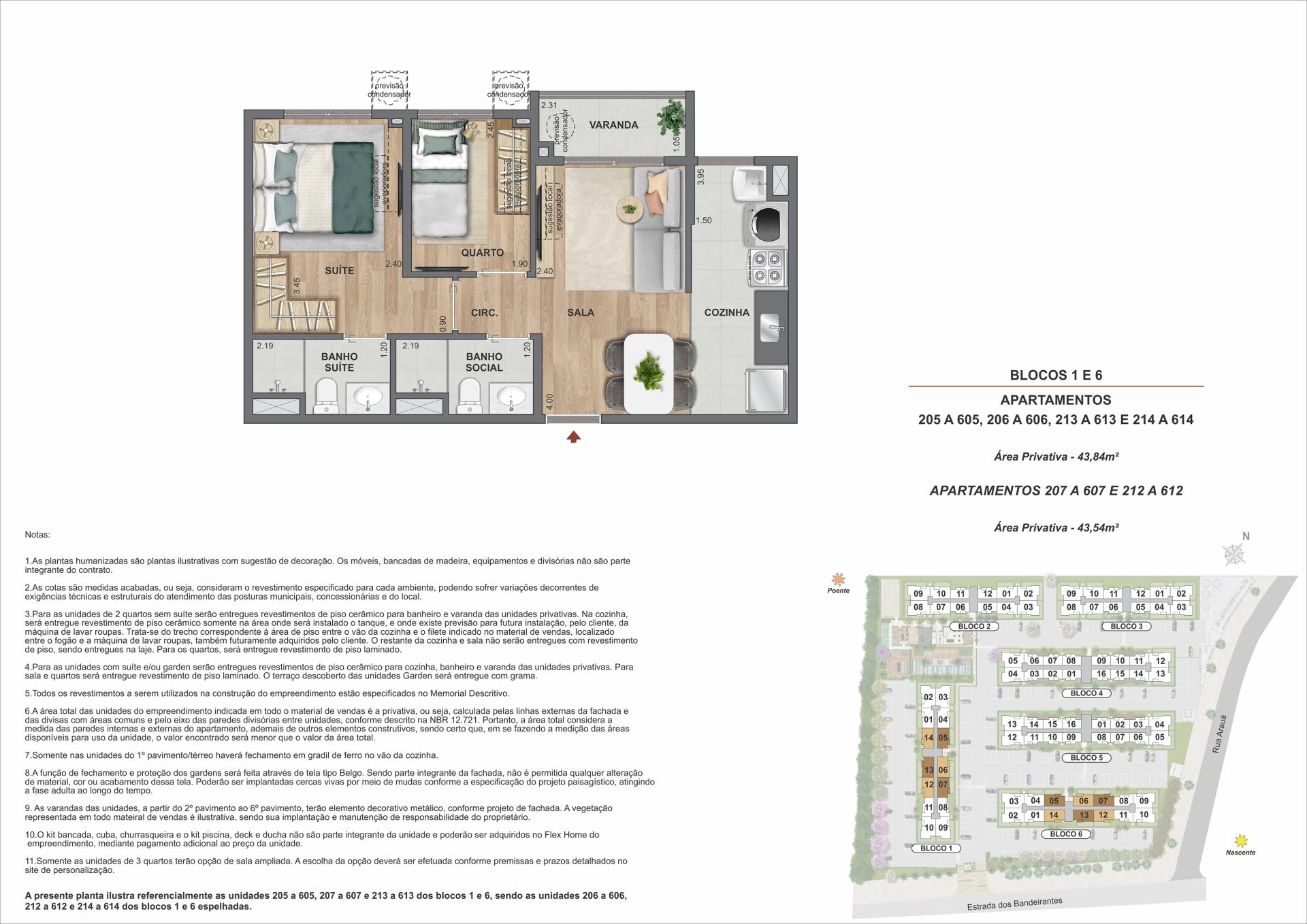 2 quartos com suíte - Área privativa: 43,54m² até 43,84m²