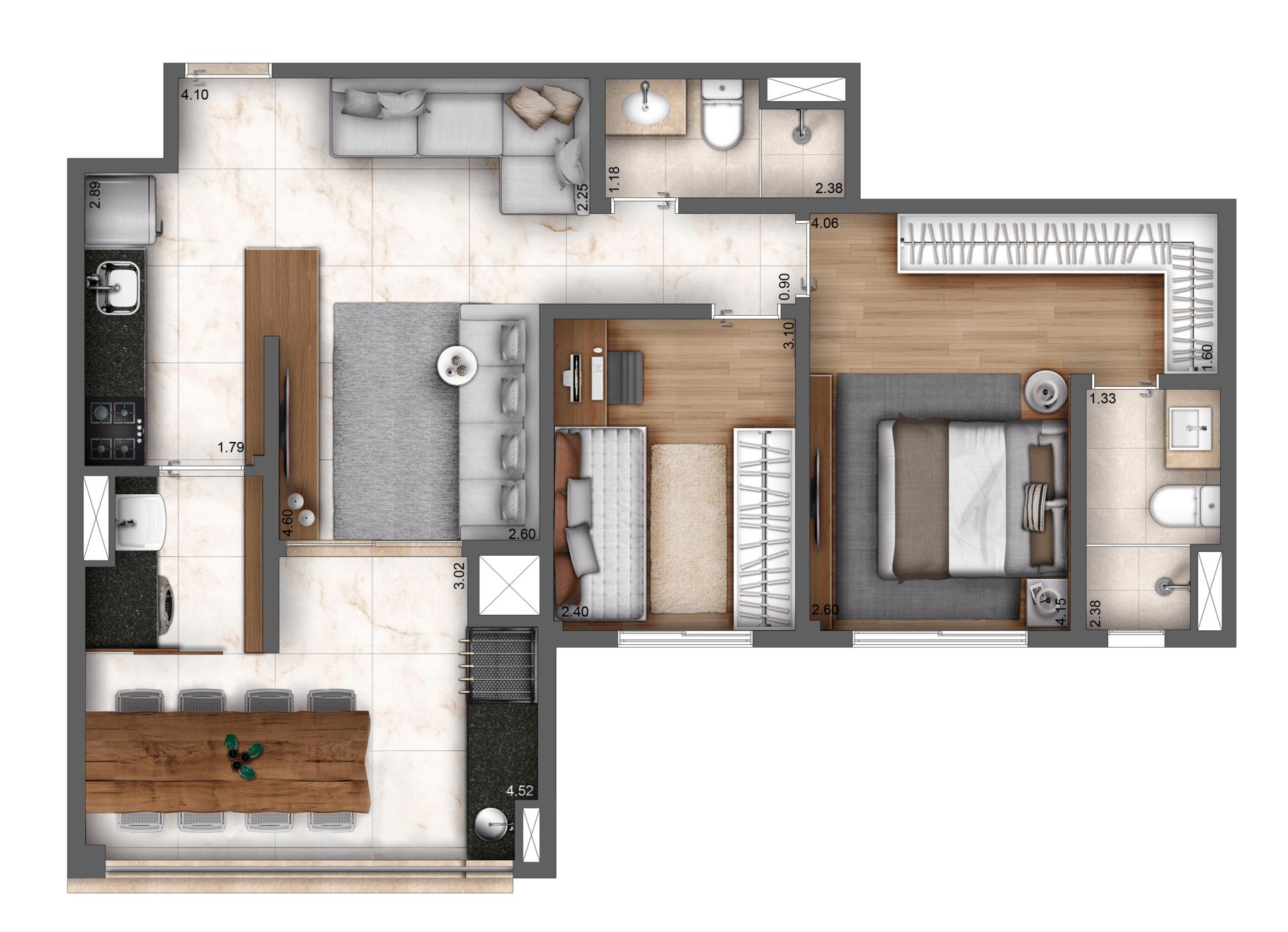 Planta Padrão 71m² | 2 dorms | 1 suíte