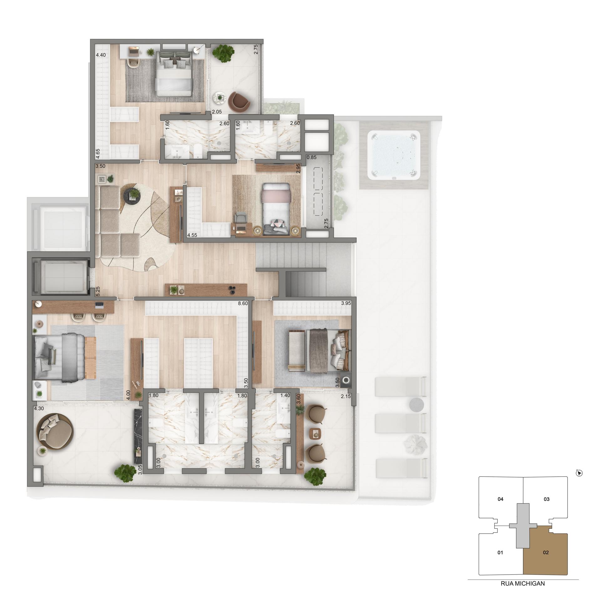 Duplex superior | 436m² | 4 suítes + Sala de almoço e área externa