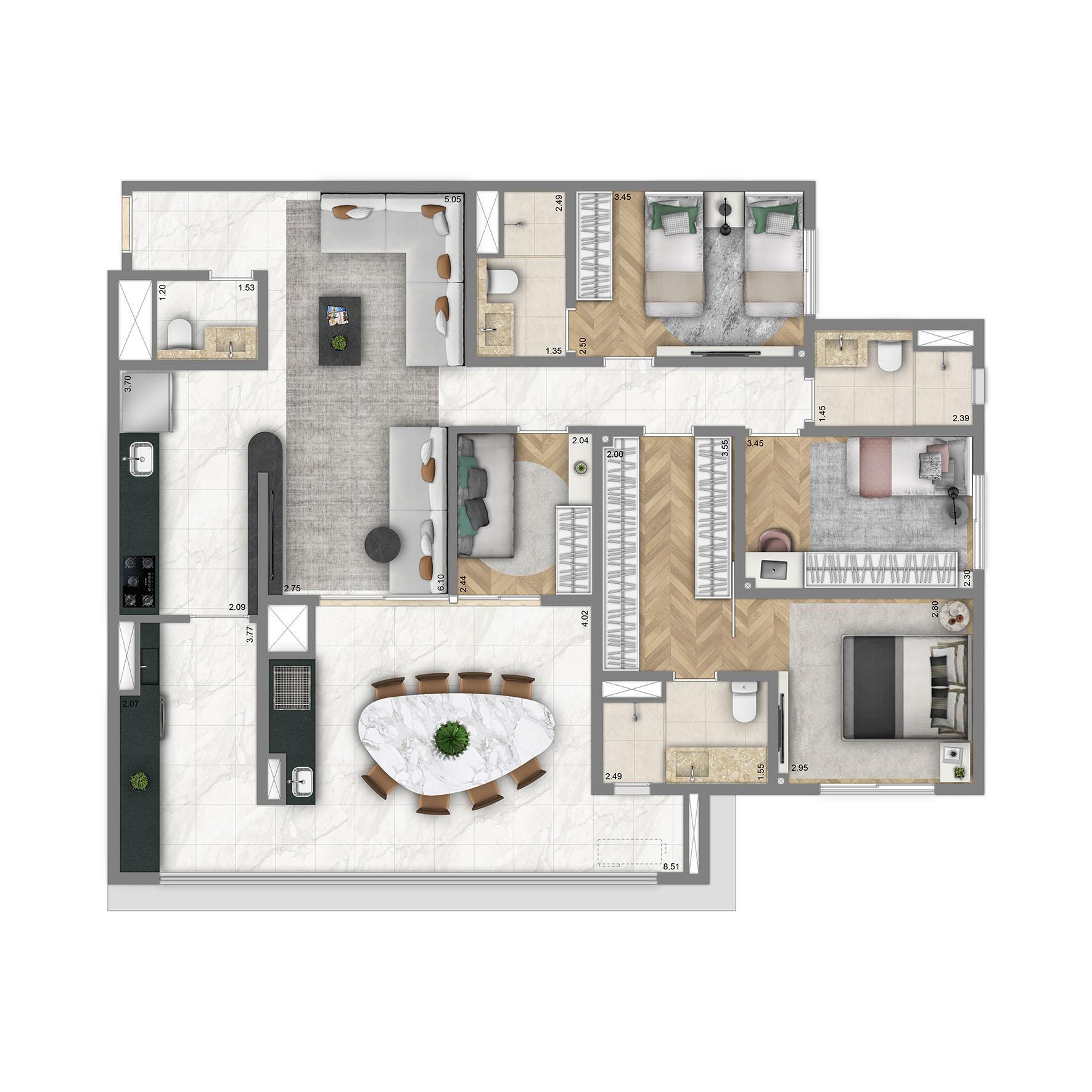 Planta Opção 125 m² | 4 dorms. (2 suítes)