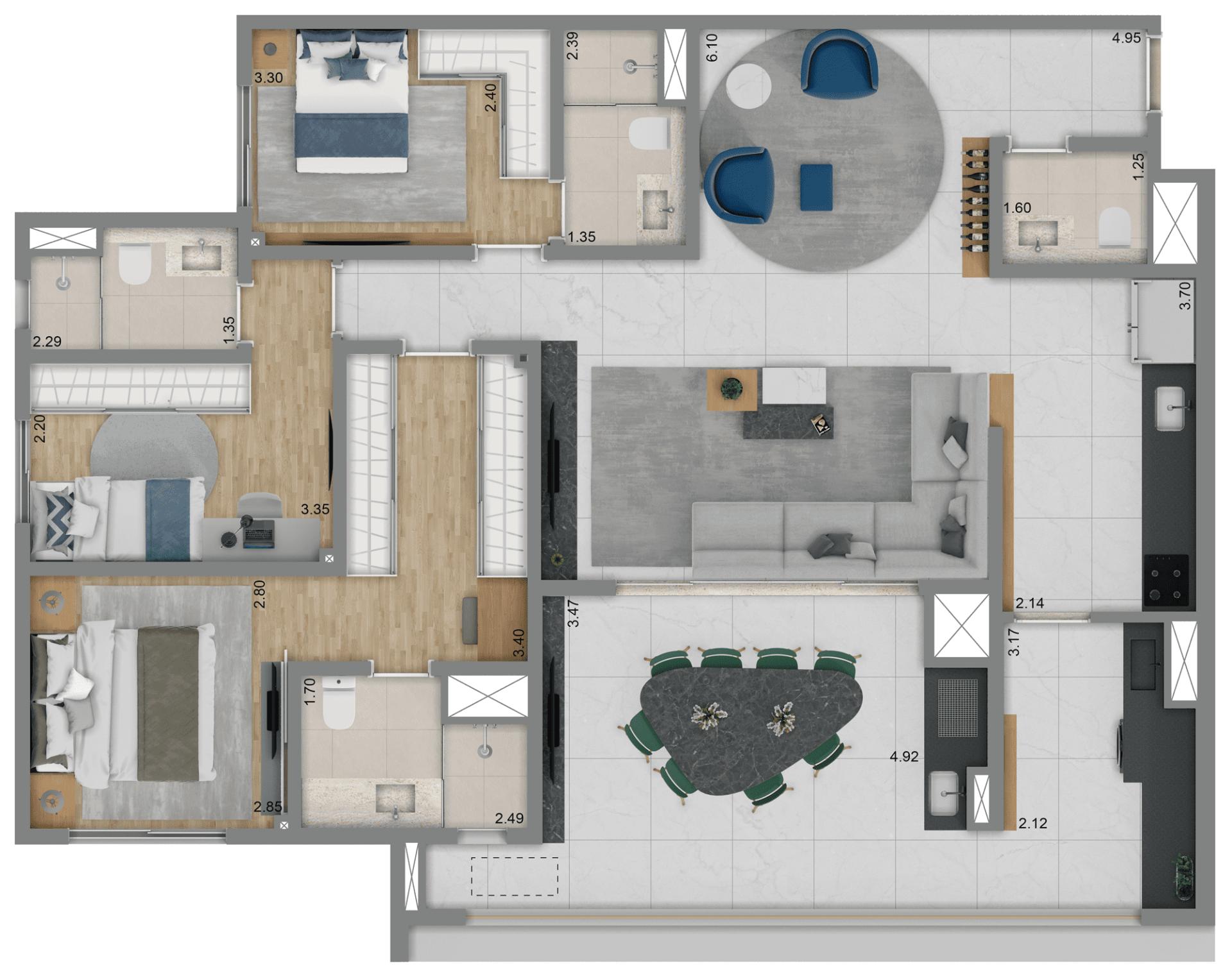 Planta Tipo 119 m² | 3 suítes