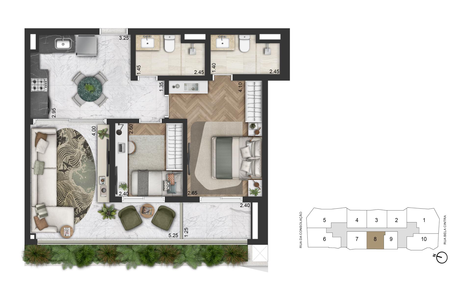 Planta Padrão 71 m² | 2 Dorms 