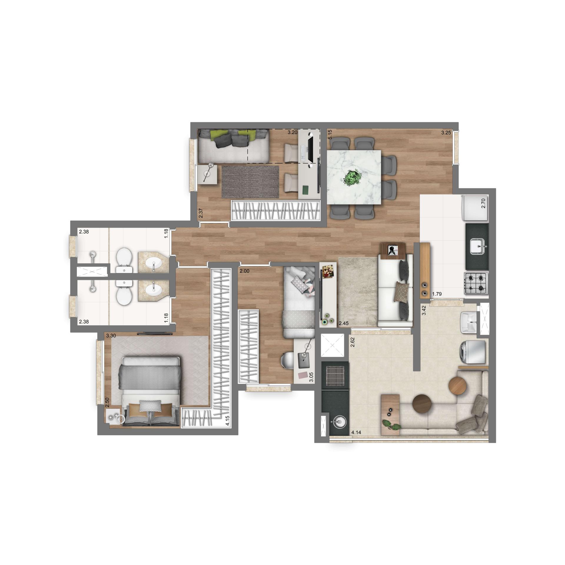 Planta Padrão 73m² | 2 dorms. | 1 suíte