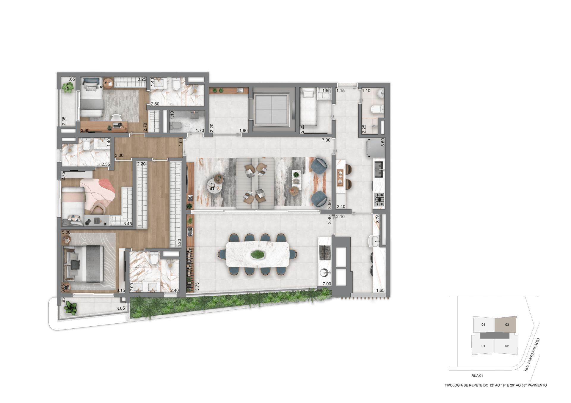 Planta Padrão - 169 m² | 3 Suítes