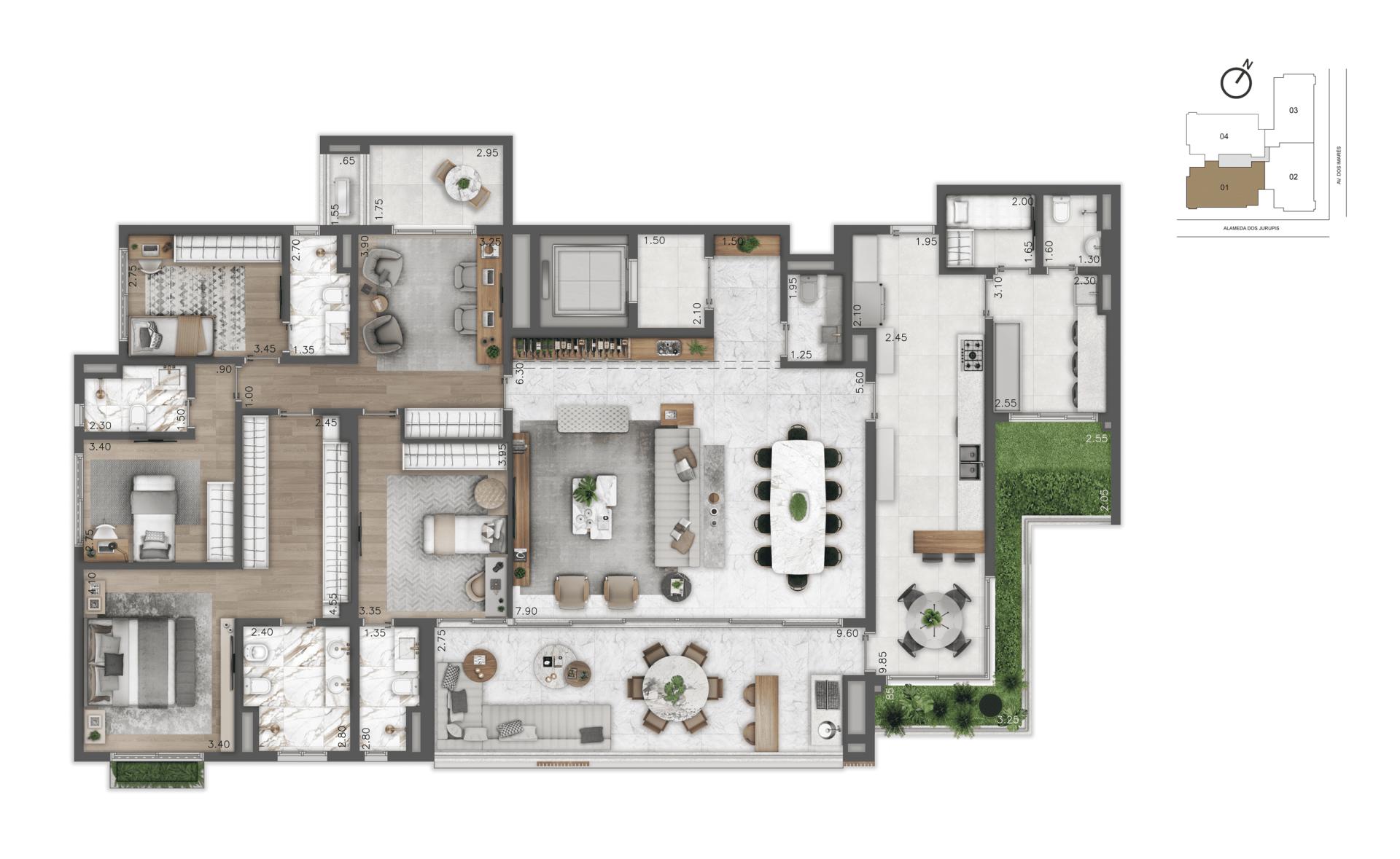 Planta-Tipo 269m² | 4 dorms (4 suítes)