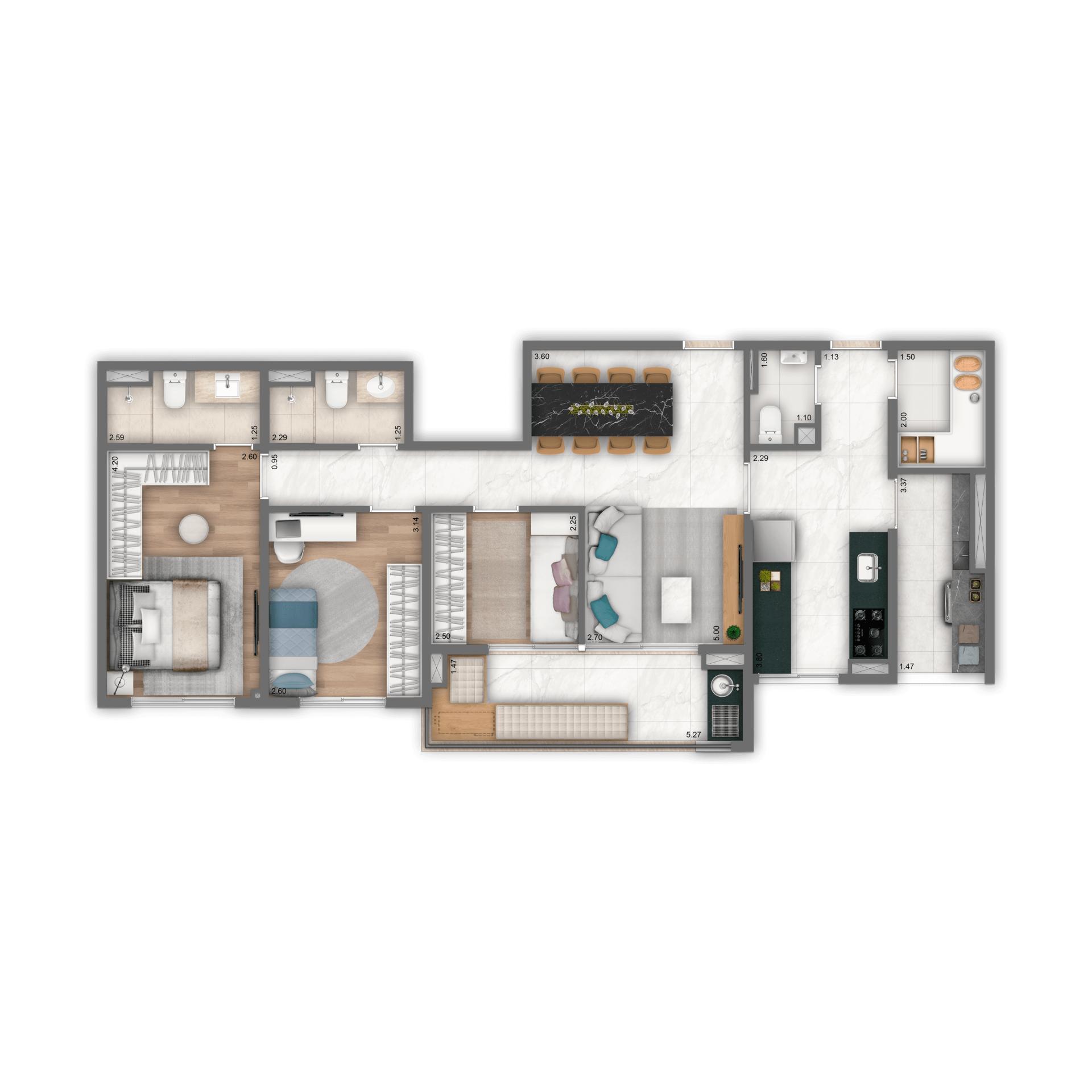 Planta Tipo 90 m² | 3 dorms. | 1 suíte